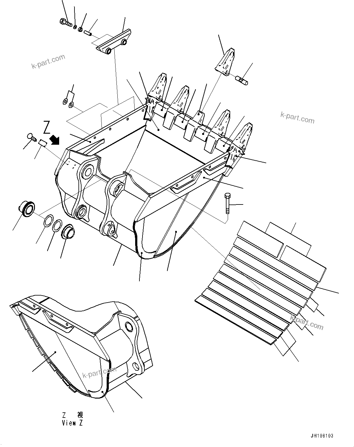 Komatsu parts book diagram for PC450LC-8R S/N 79001-UP: ME BUCKET, (1.90M3, 1630MM WIDTH, HORIZONTAL PIN TYPE, SIDE SHROUD)(#75001-)