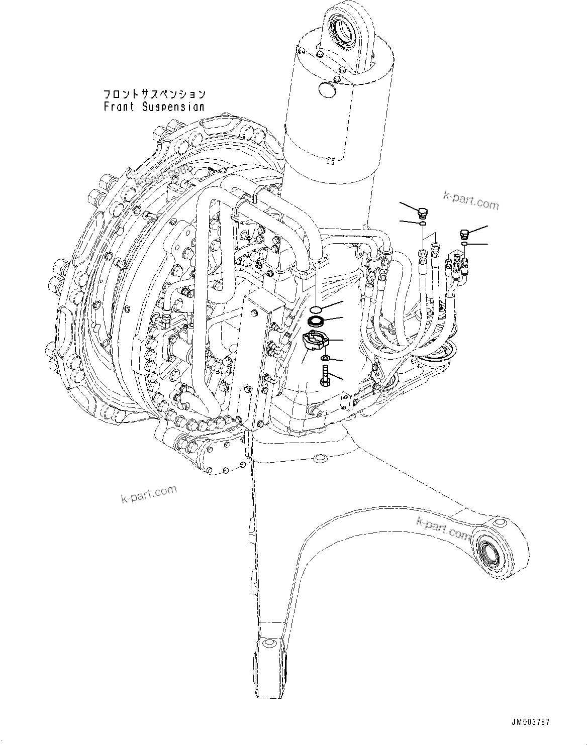 Komatsu parts book diagram for HD785-7 S/N 37001-UP: FRONT AXLE, TRANSPORT R.H. (WITH SUSPENSION, AUTO HYDRONEUMATIC)(#31800-)