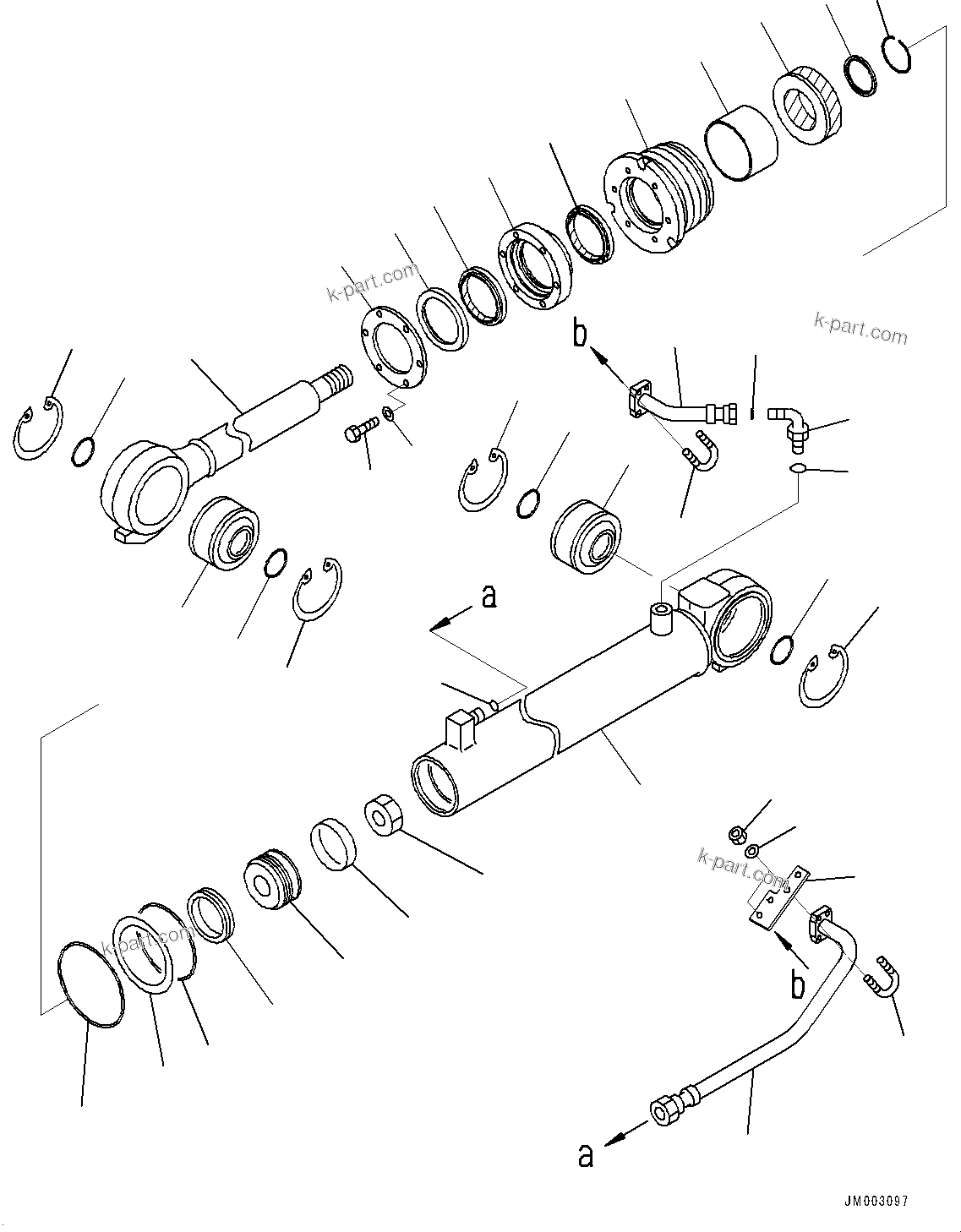 Komatsu parts book diagram for HD785-7 S/N 37001-UP: STEERING AND HOIST HYDRAULIC PIPING, INNER PARTS, STEERING CYLINDER, L.H.(#30001-34850)