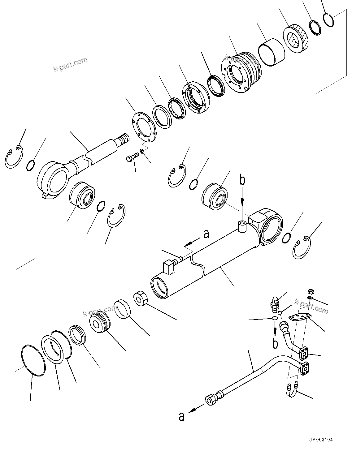 Komatsu parts book diagram for HD785-7 S/N 37001-UP: STEERING AND HOIST HYDRAULIC PIPING, INNER PARTS, STEERING CYLINDER, R.H.(#30001-34850)