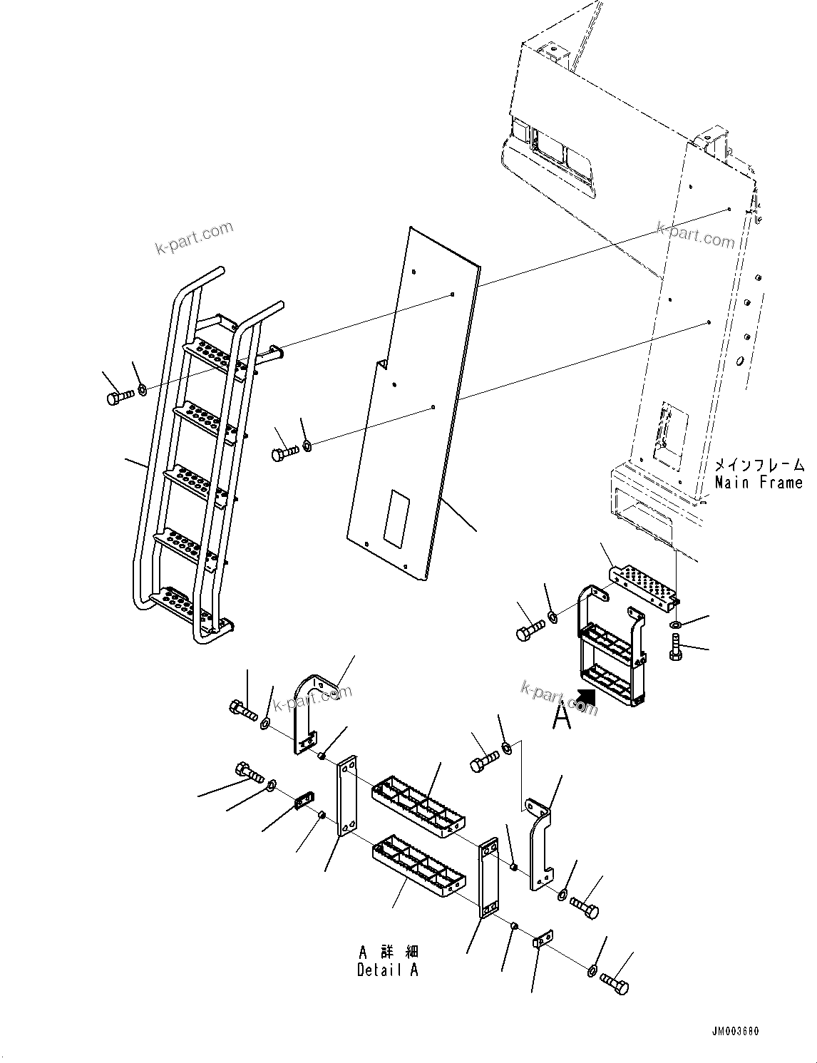 Komatsu parts book diagram for HD785-7 S/N 37001-UP: FRONT SUPPORT, BRACKET (2/2) (WITH LADDER, INCLINED TYPE)(#30001-35084)