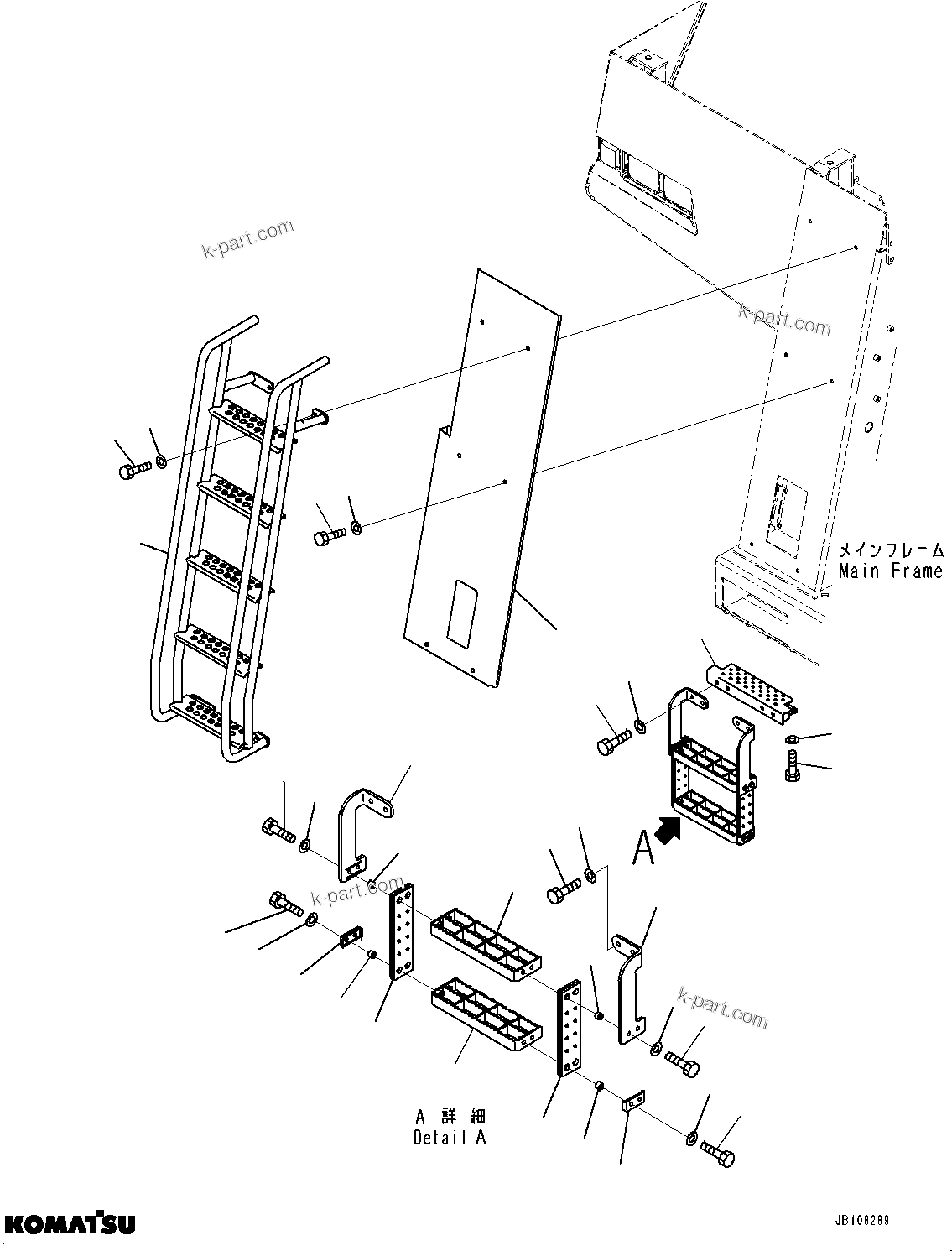 Komatsu parts book diagram for HD785-7 S/N 37001-UP: FRONT SUPPORT, BRACKET (2/2) (WITH LADDER, INCLINED TYPE)(#35085-)
