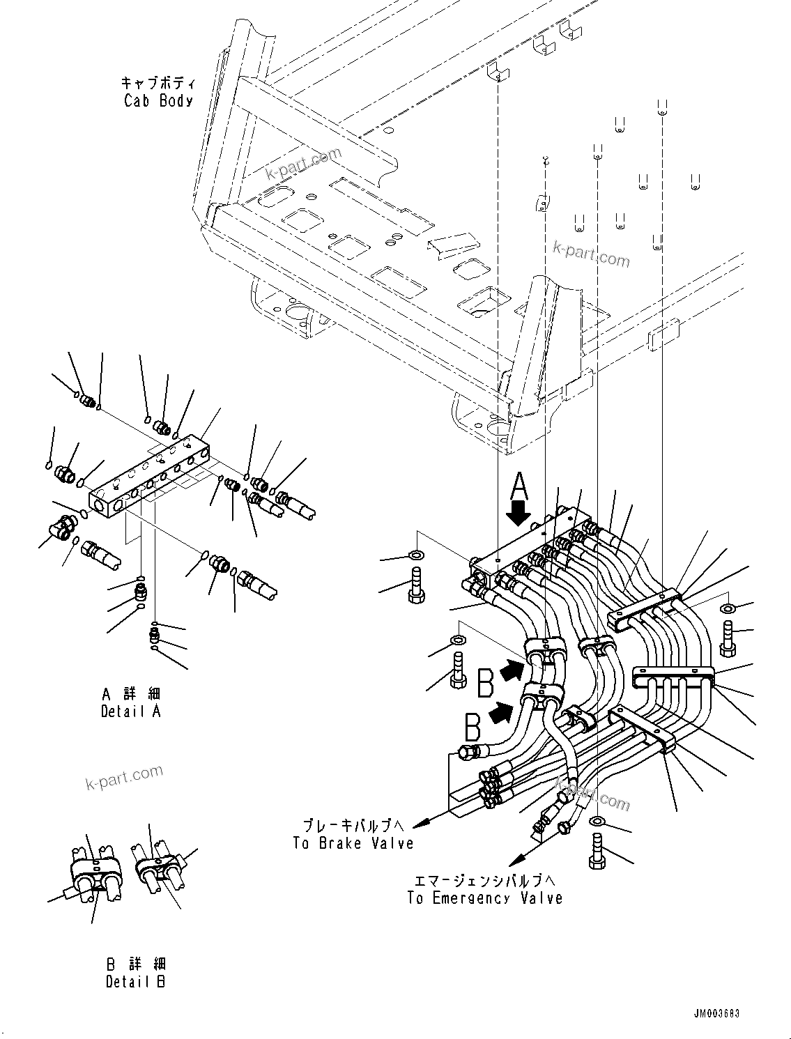 Komatsu parts book diagram for HD785-7 S/N 37001-UP: CAB, BRAKE HOSE(#37001-)