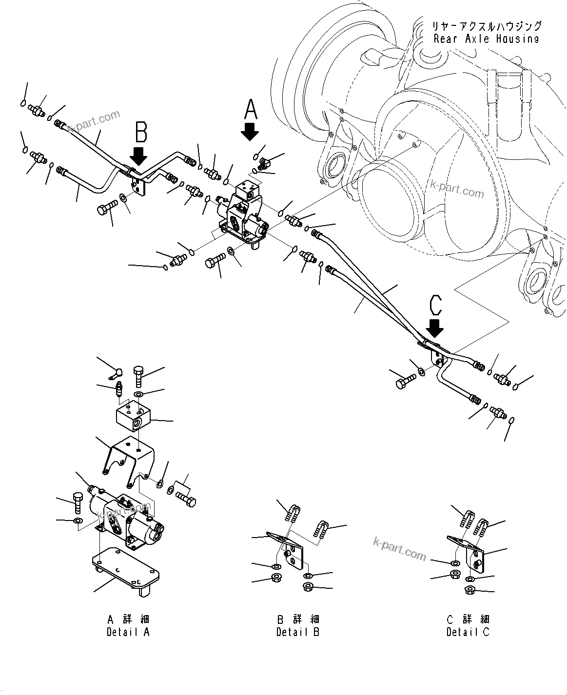 Komatsu parts book diagram for HD785-7 S/N 37001-UP (-40 deg C Spec.): REAR AXLE, BRAKE PIPING(#30001-30628)