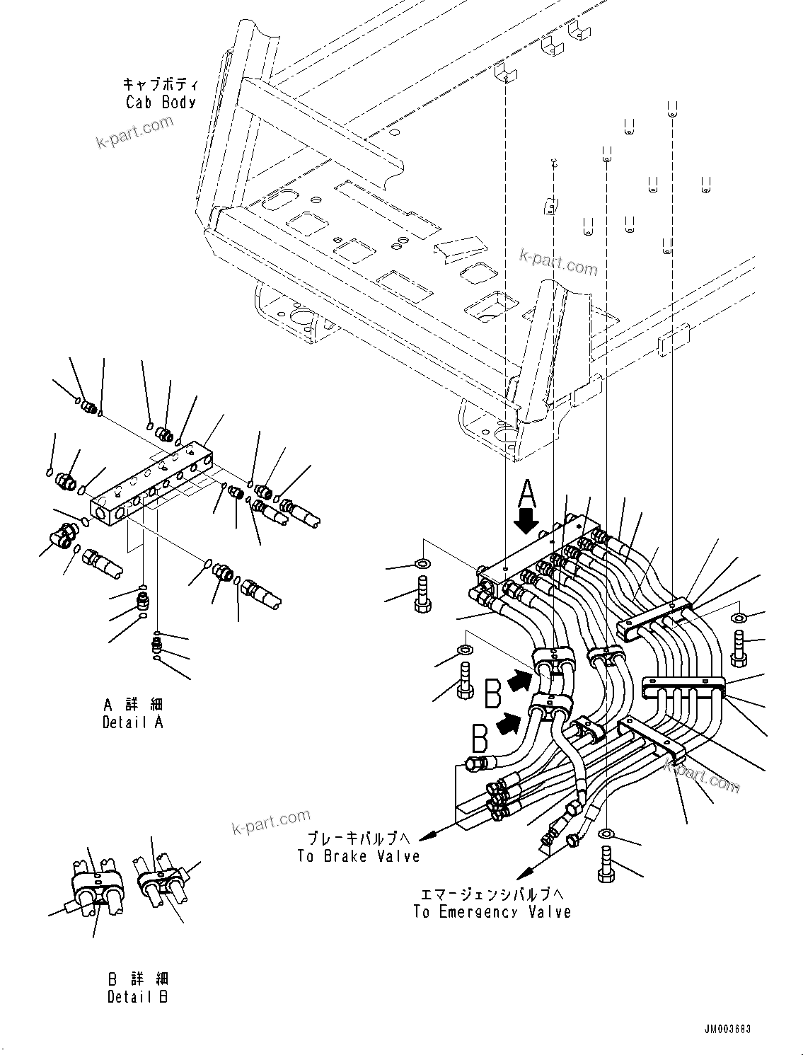 Komatsu parts book diagram for HD785-7 S/N 37001-UP (-40 deg C Spec.): CAB, BRAKE HOSE(#37001-)