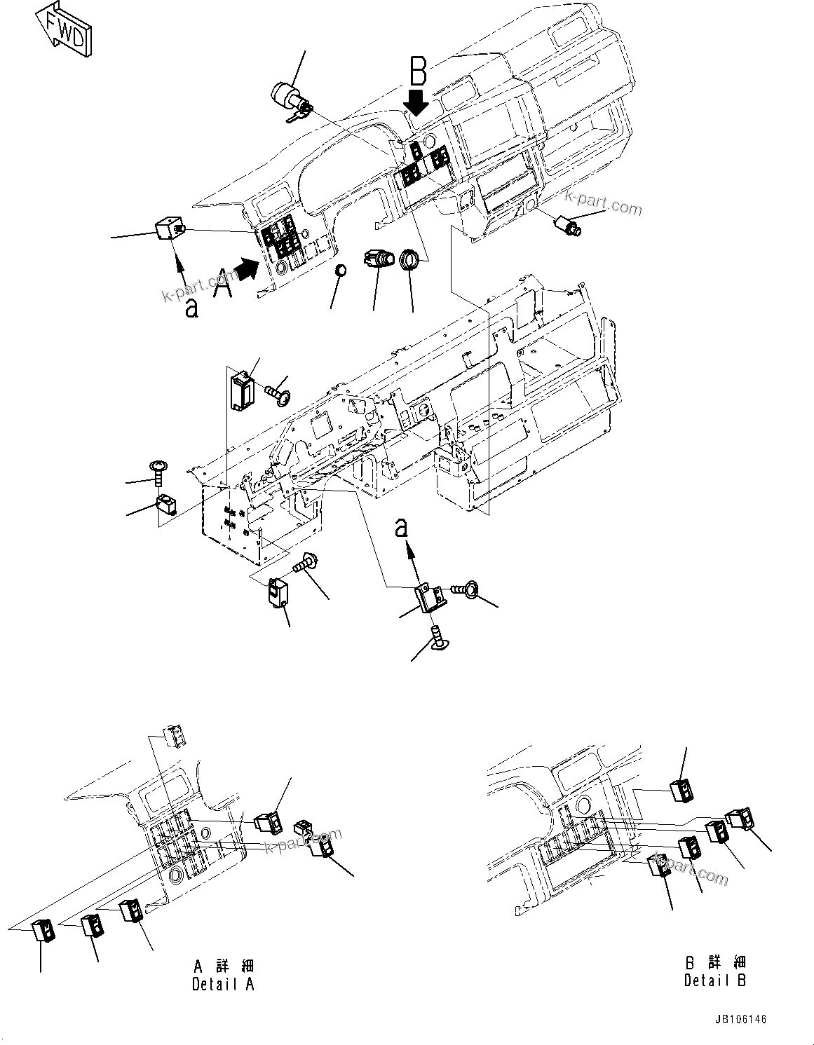 Komatsu parts book diagram for HD785-7 S/N 37001-UP (-40 deg C Spec.): CAB, DASHBOARD, MONITOR PANEL AND SWITCH(#37001-)