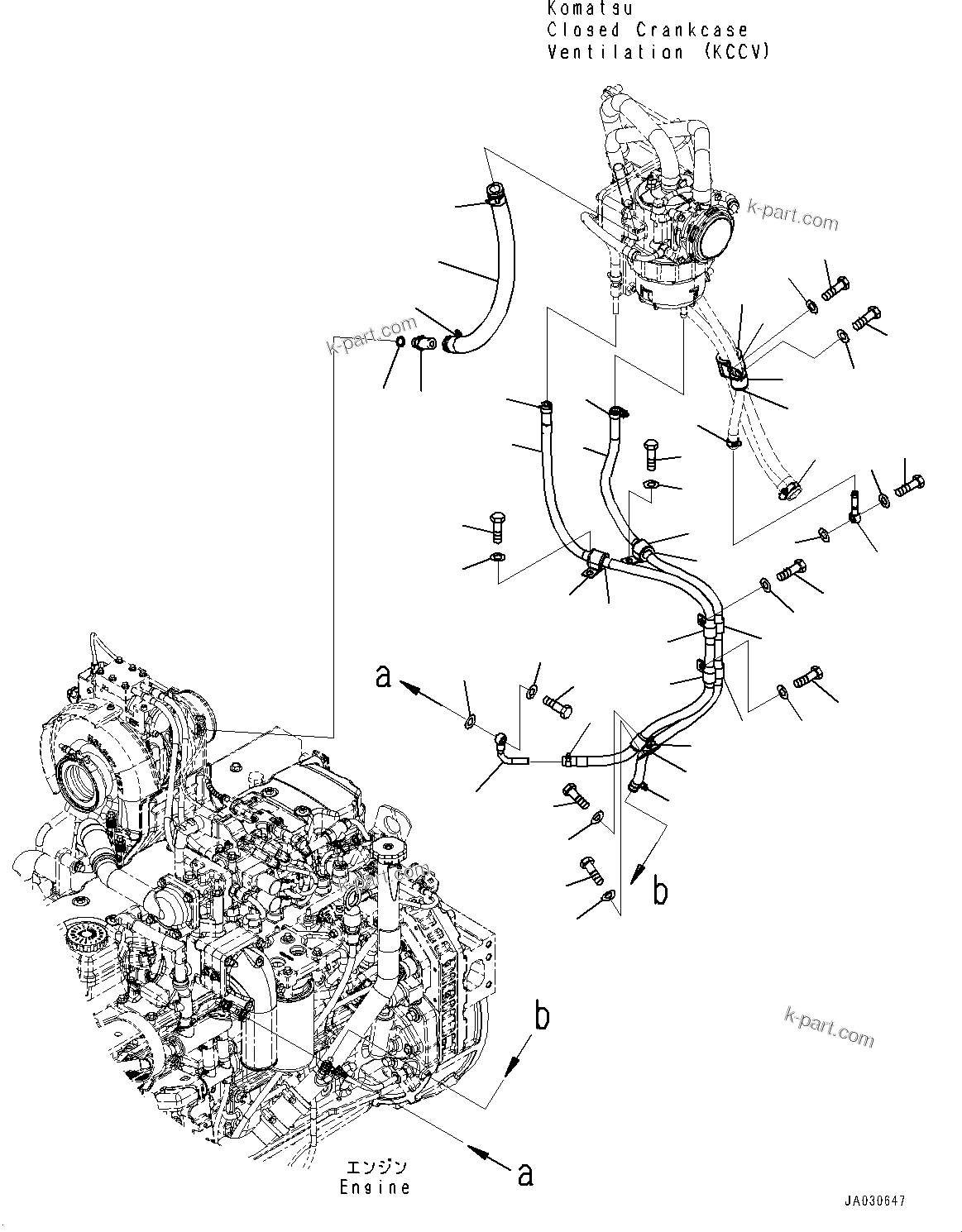 Komatsu parts book diagram for D61PX-24 S/N 48001-UP: KOMATSU CLOSED CRANKCASE VENTILATION (KCCV) PIPING, PIPING AND MOUNTING(#40001-)