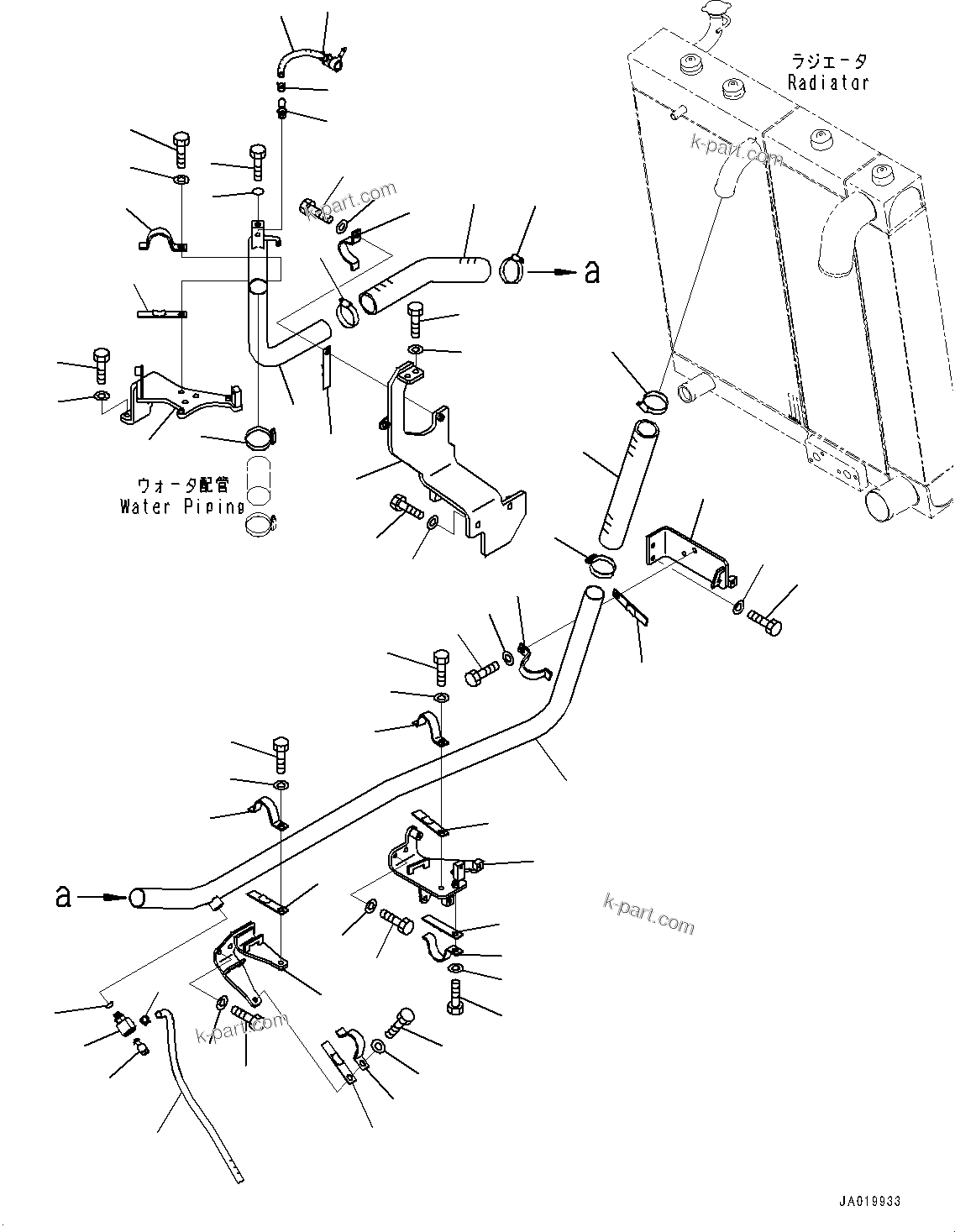 Komatsu parts book diagram for D61PX-24 S/N 48001-UP: COOLING PIPING, RADIATOR PIPING (1/2)(#40001-46461)