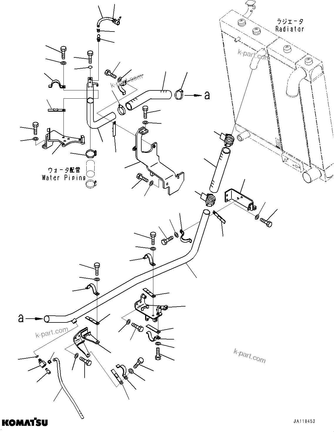 Komatsu parts book diagram for D61PX-24 S/N 48001-UP: COOLING PIPING, RADIATOR PIPING (1/2)(#46462-)