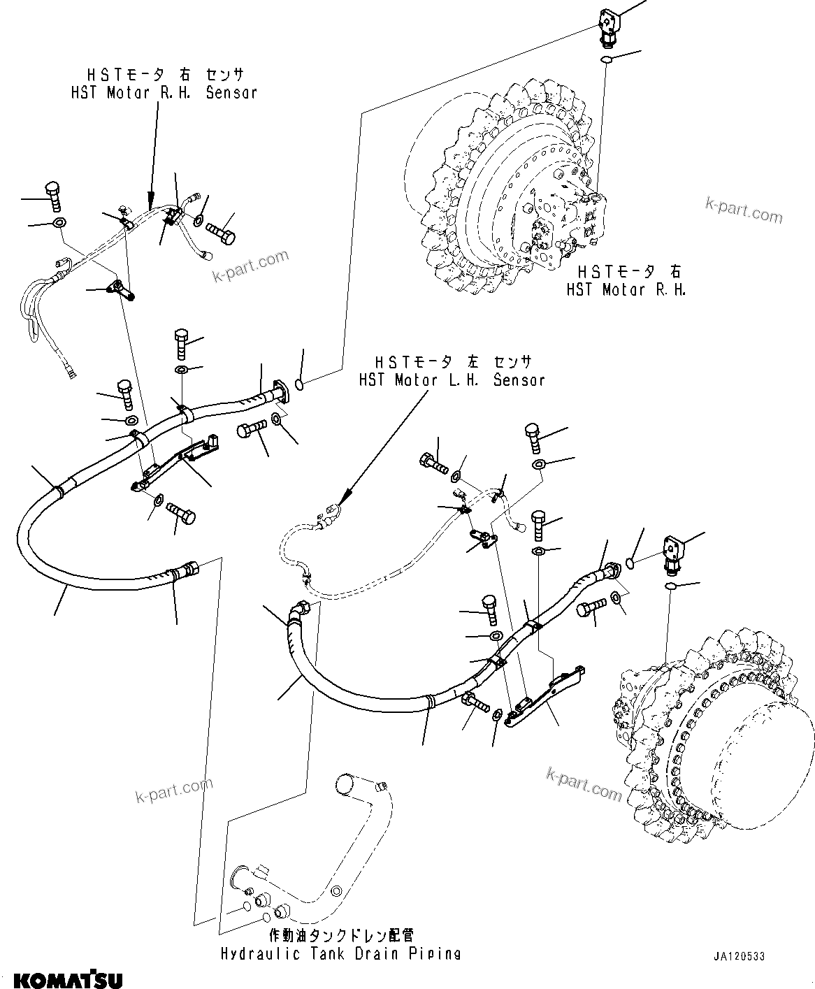 Komatsu parts book diagram for D61PX-24 S/N 48001-UP: DRAIN PIPING, MOTOR DRAIN (1/3)(#46685-)