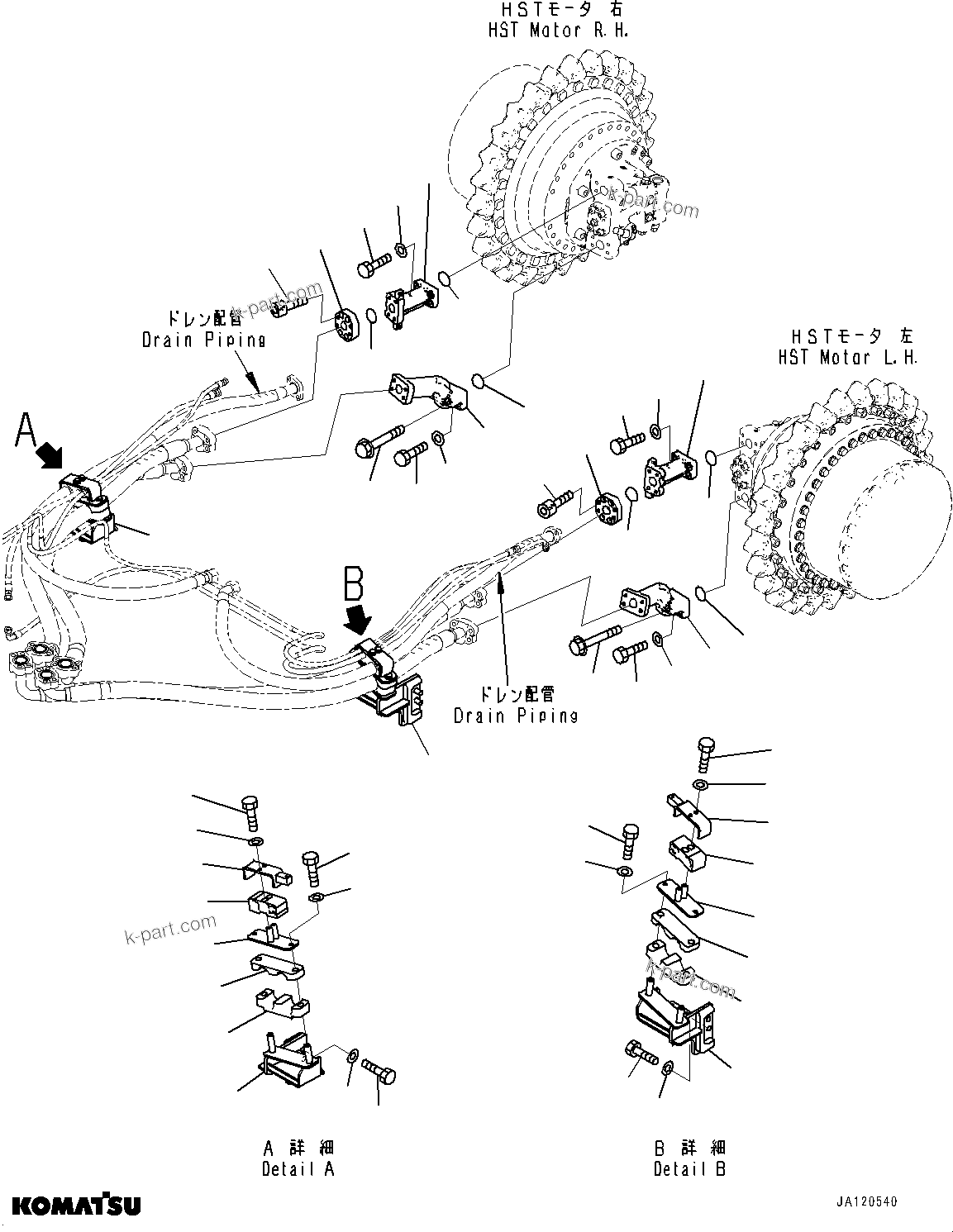Komatsu parts book diagram for D61PX-24 S/N 48001-UP: HYDROSTATIC TRANSMISSION CONTROL PIPING, MOUNTING(#46685-)