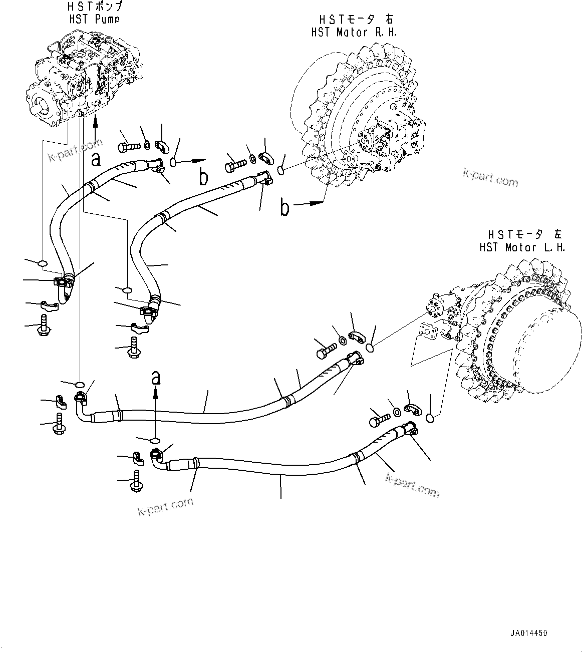 Komatsu parts book diagram for D61PX-24 S/N 48001-UP: HYDROSTATIC TRANSMISSION CONTROL PIPING, TRAVEL MOTOR PIPING(#40001-46777)
