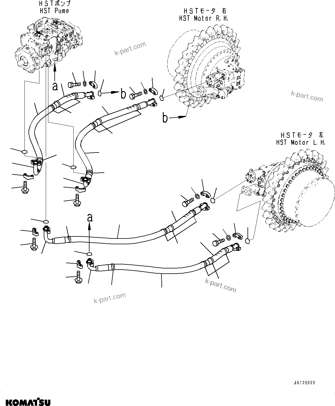 Komatsu parts book diagram for D61PX-24 S/N 48001-UP: HYDROSTATIC TRANSMISSION CONTROL PIPING, TRAVEL MOTOR PIPING(#46778-)
