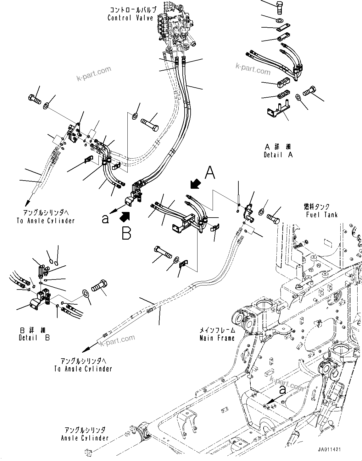 Komatsu parts book diagram for D61PX-24 S/N 48001-UP: DOZER BLADE ANGLE CYLINDER PIPING, (#40001-)