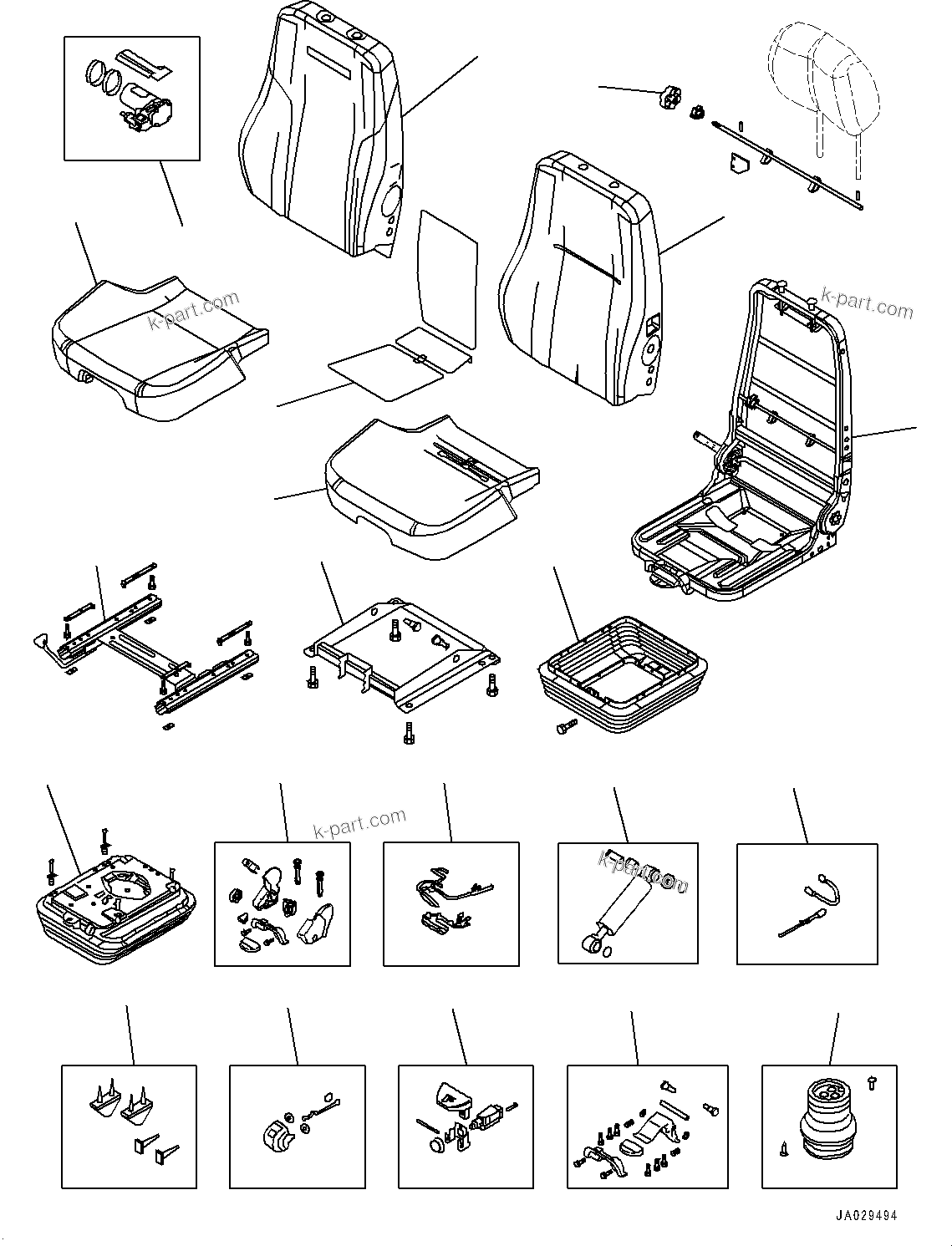 Komatsu parts book diagram for D61PX-24 S/N 48001-UP: OPERATOR'S SEAT, INNER PARTS (AIR SUSPENSION TYPE, FABRIC, TILT, WITH HEATER)(#40405-)