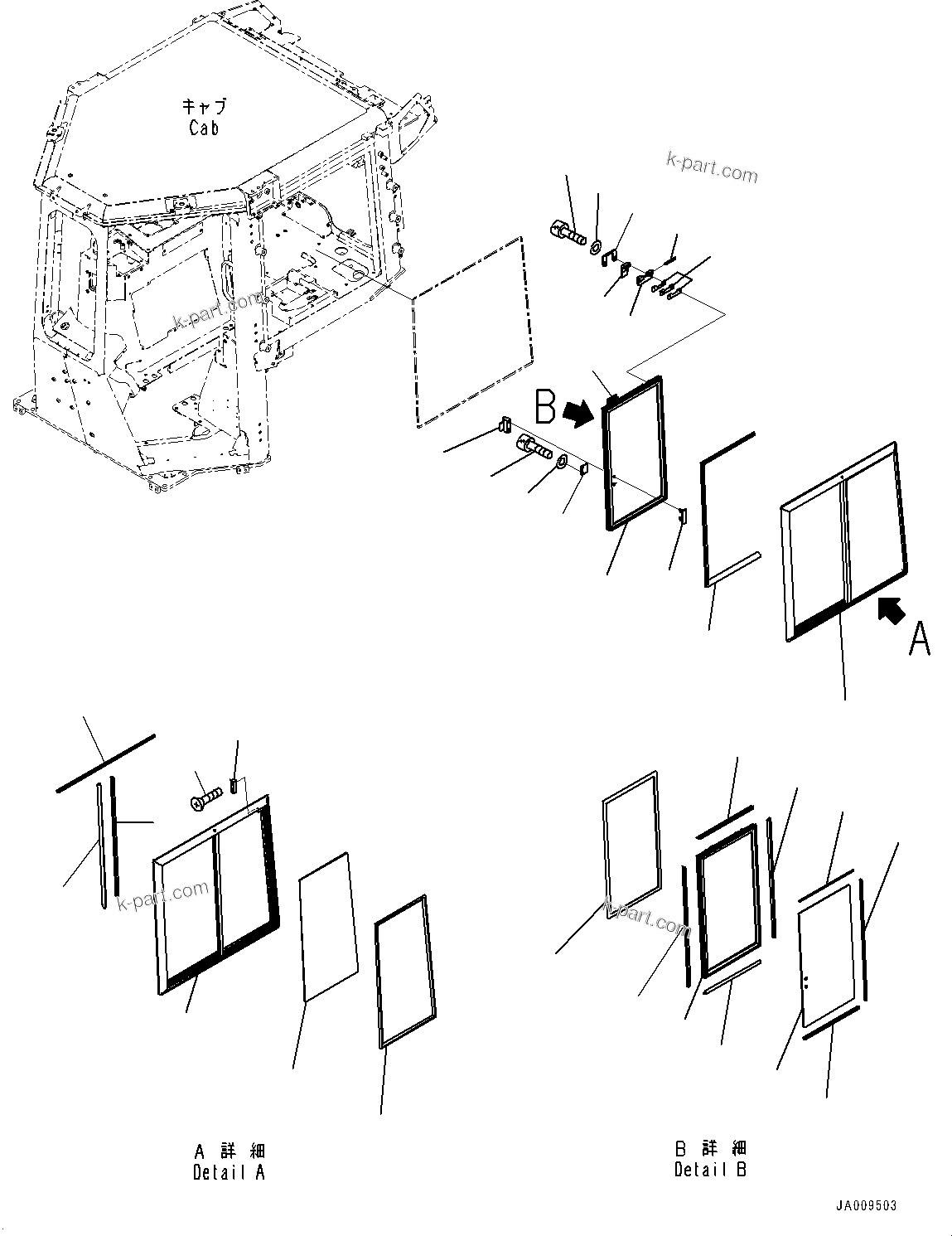 Komatsu parts book diagram for D61PX-24 S/N 48001-UP: CAB, SASH TYPE GLASS WINDOW, L.H.(#46272-)