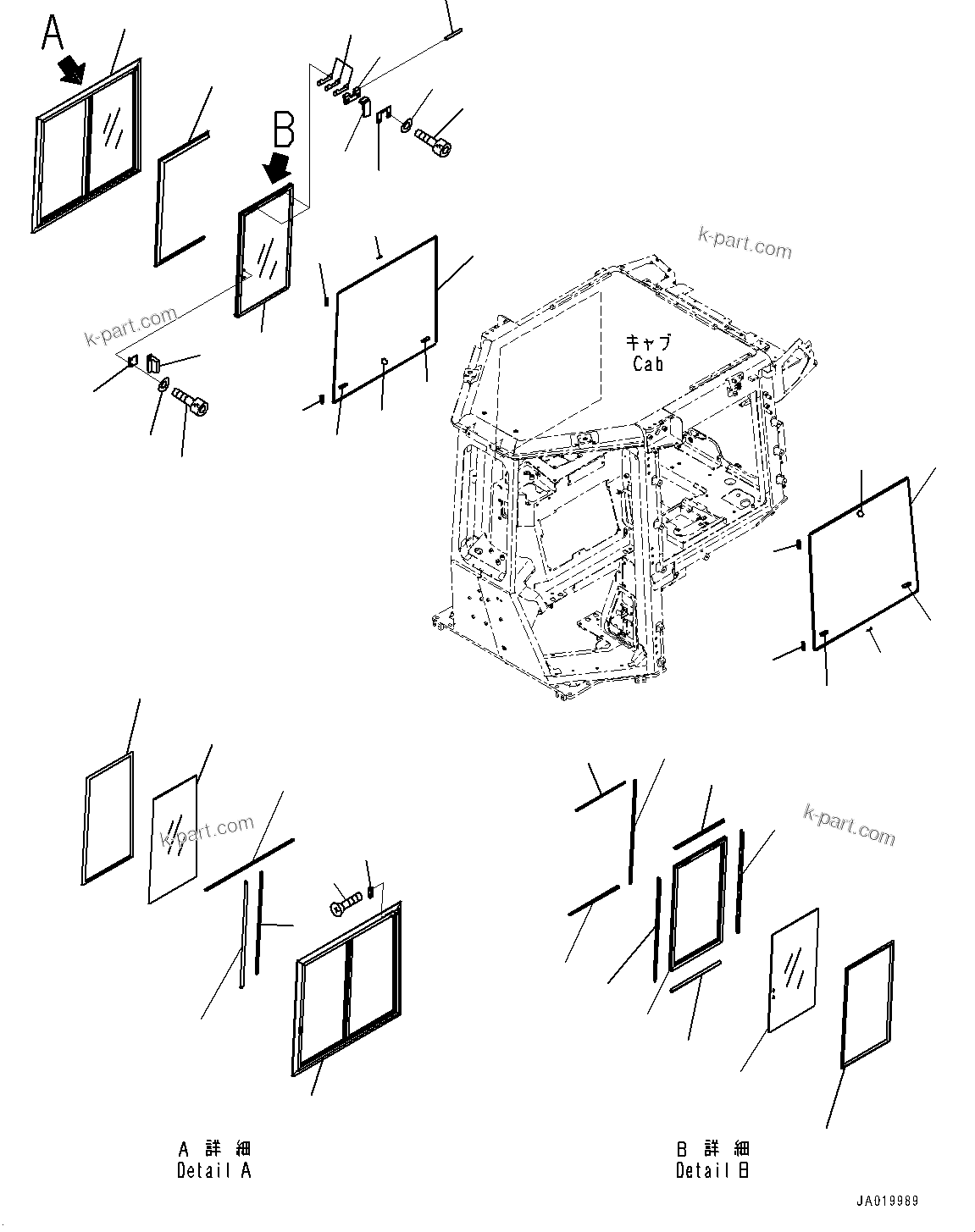 Komatsu parts book diagram for D61PX-24 S/N 48001-UP: CAB, SASH TYPE GLASS WINDOW, R.H.(#46272-)