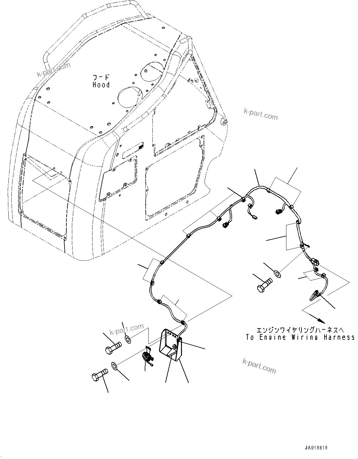 Komatsu parts book diagram for D61PX-24 S/N 48001-UP: ENGINE HOOD, HORN(#45001-)