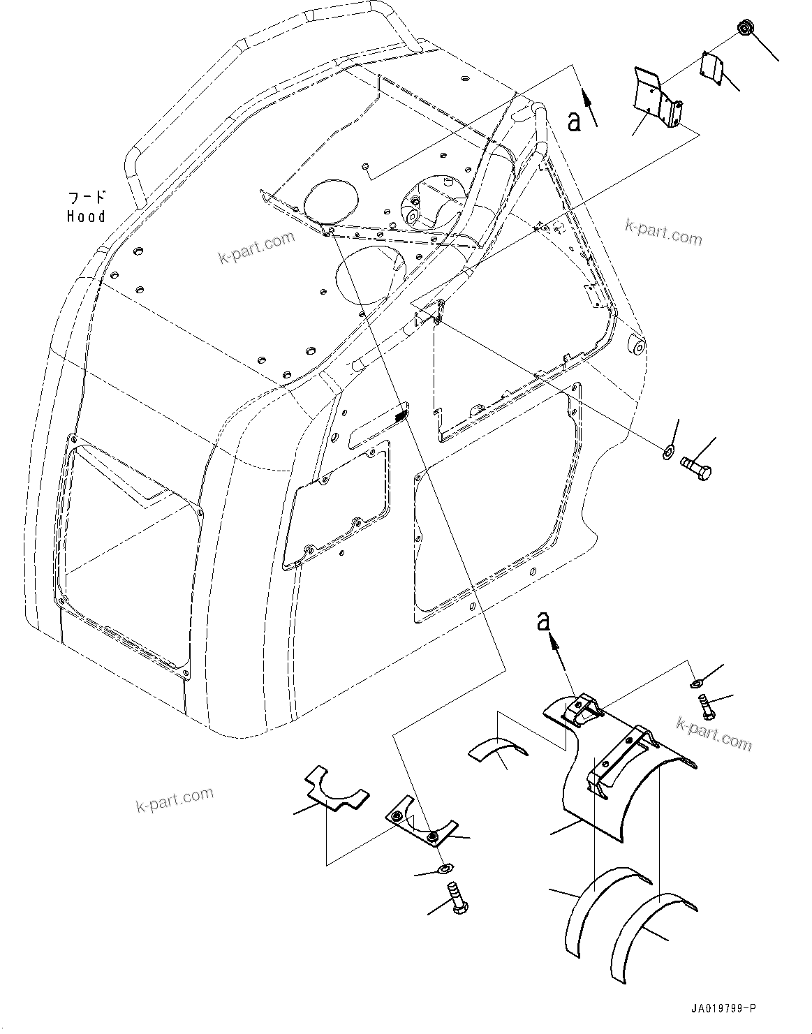 Komatsu parts book diagram for D61PX-24 S/N 48001-UP: ENGINE HOOD, RELATED PARTS(#45001-)