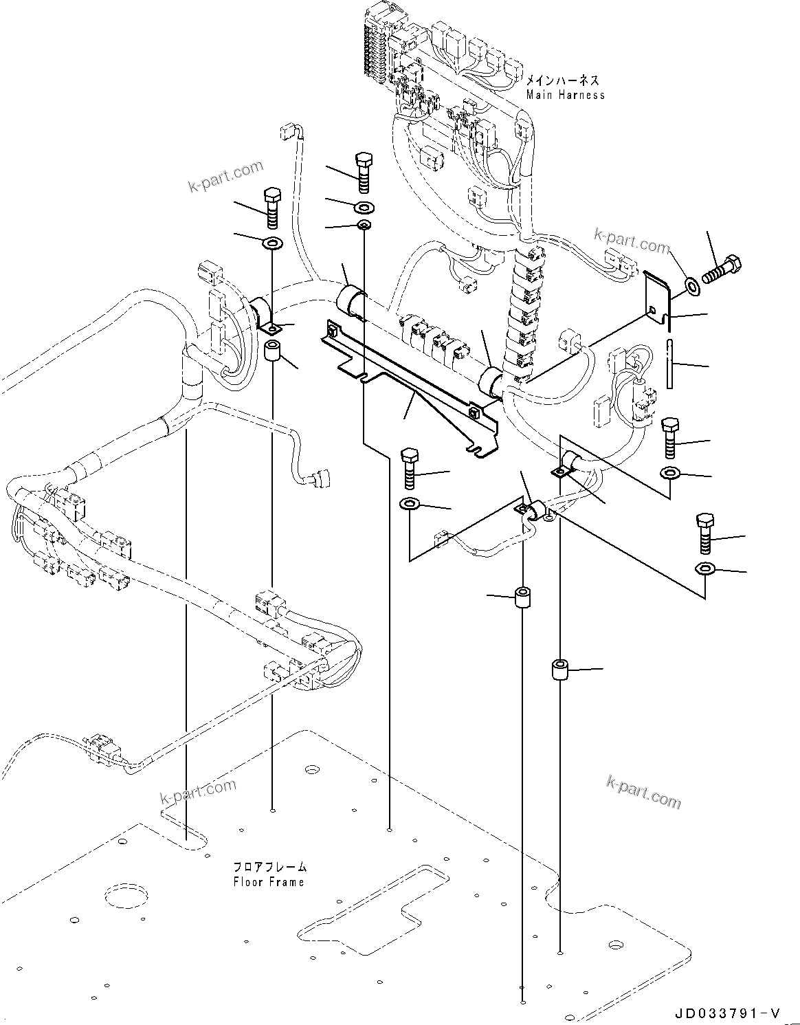 Komatsu parts book diagram for PC800SE-8E0 S/N 67001-UP: CAB, FLOOR WIRING HARNESS CLAMP(#67001-)