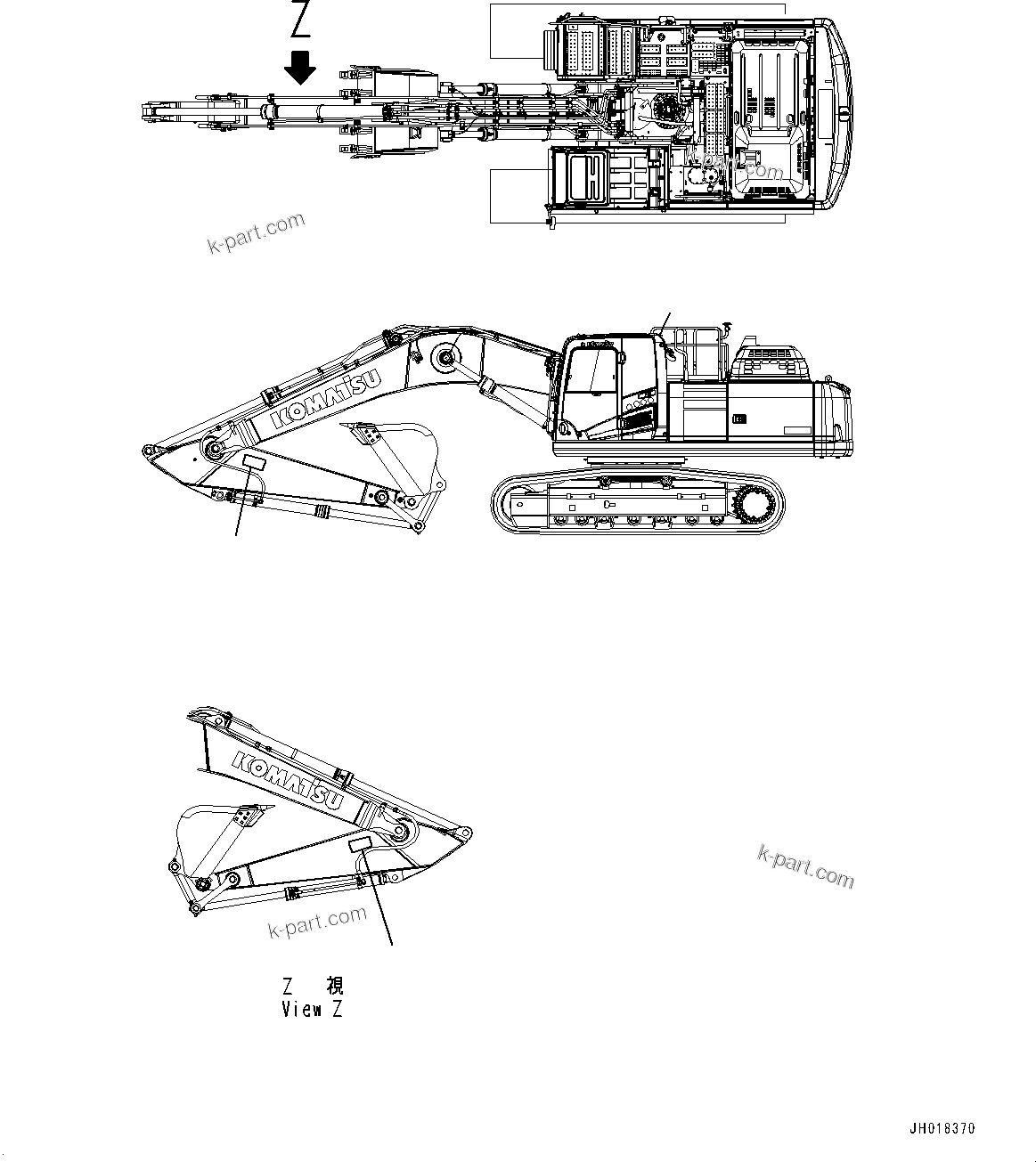 Komatsu parts book diagram for PC360LCI-11 S/N 94001-UP (For KAL): CAUTION PLATES, KEEP OFF WORKING RANGES, (#90156-)