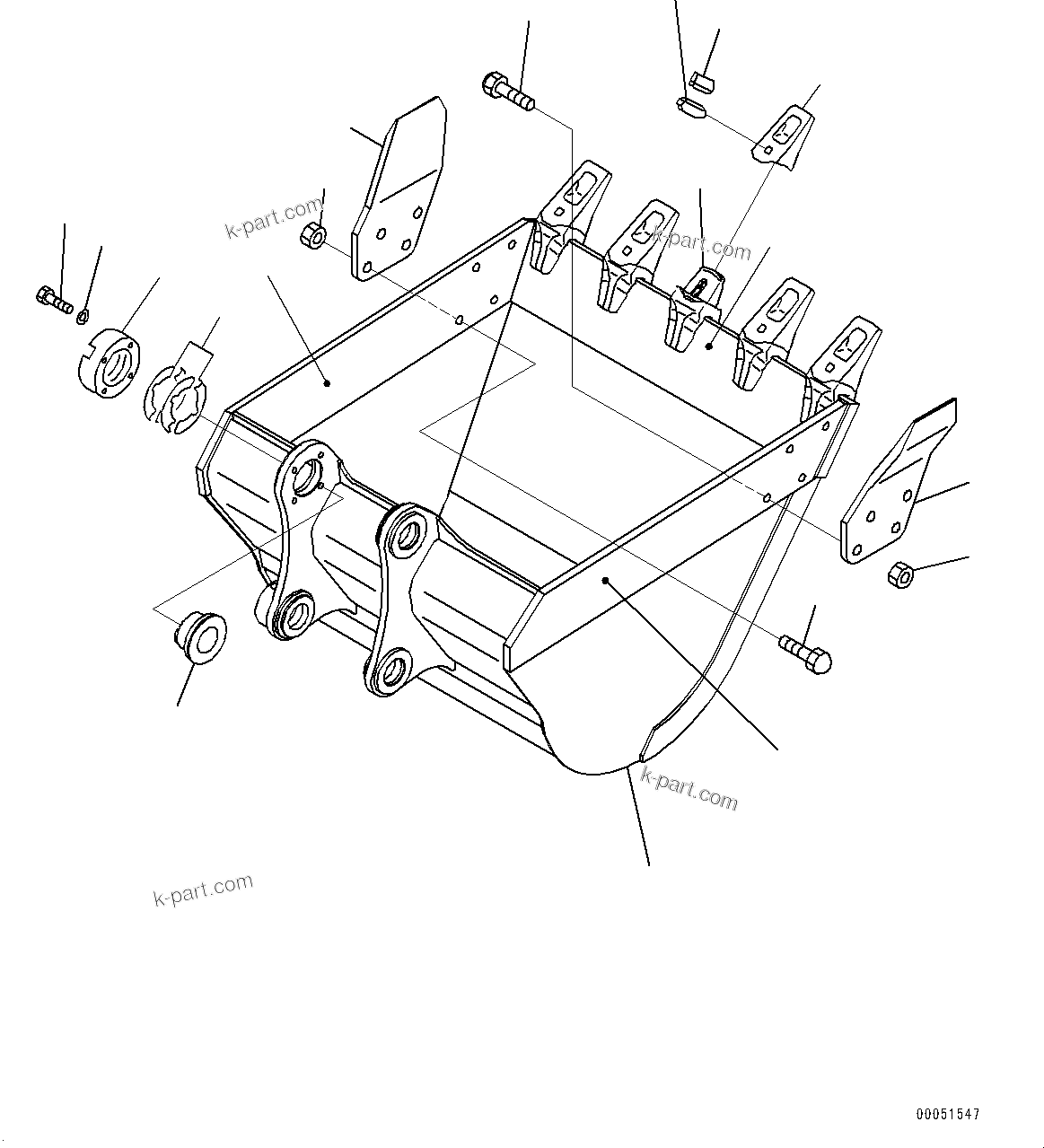 Komatsu parts book diagram for PC290LC-8 S/N 32001-UP: BUCKET, (1.14M3, 1300MM WIDTH, VERTICAL PIN TYPE, SIDE CUTTER)(#30117-)