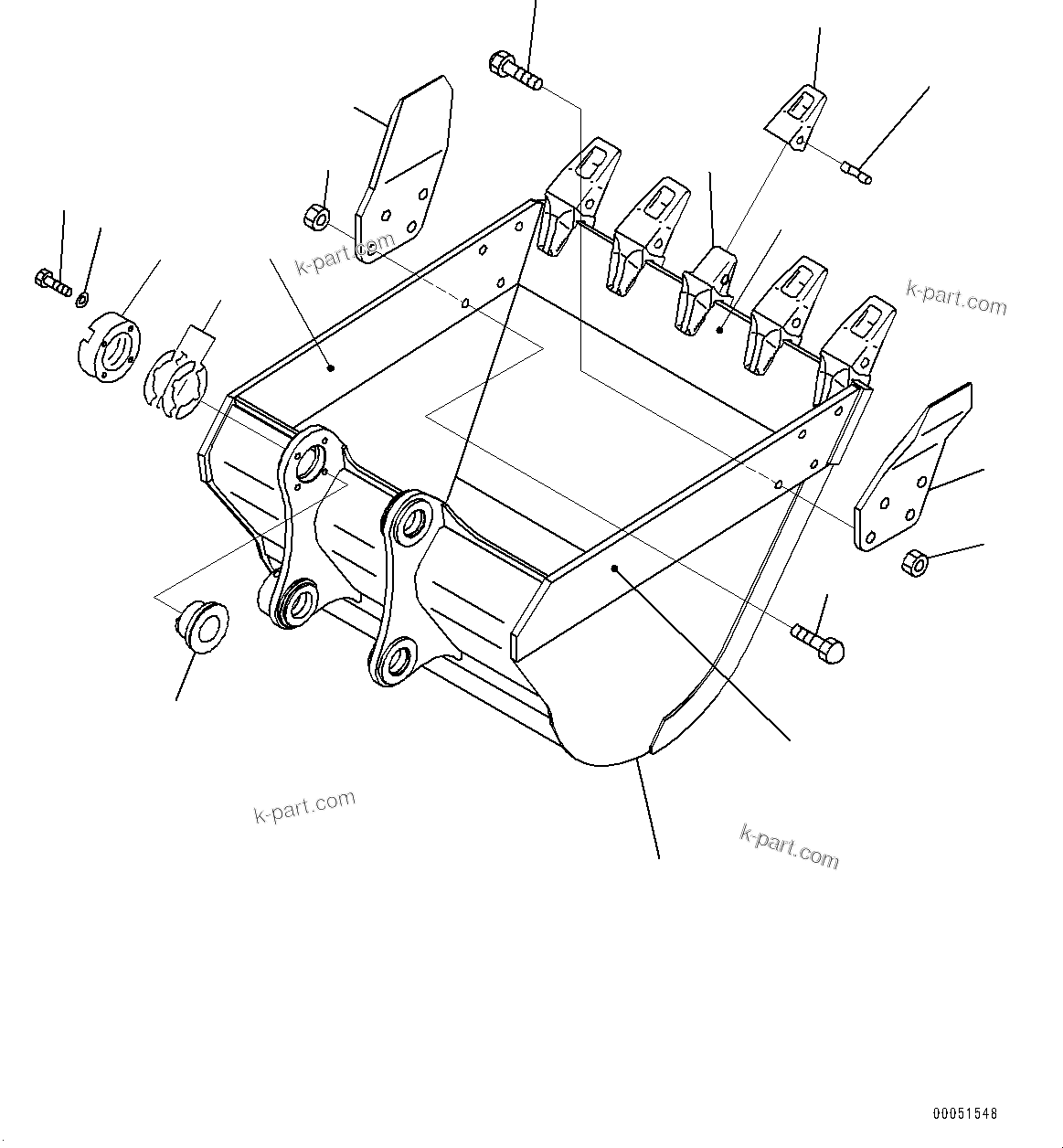 Komatsu parts book diagram for PC290LC-8 S/N 32001-UP: BUCKET, (1.14M3, 1420MM WIDTH, HORIZONTAL PIN TYPE, THRUST ADJUSTMENT, SIDE CUTTER)(#30117-)