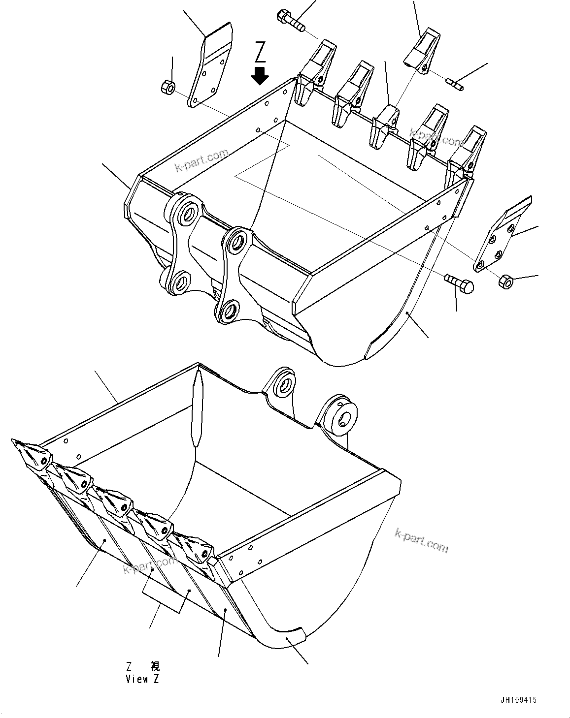 Komatsu parts book diagram for PC290LC-8 S/N 32001-UP: ME BUCKET, BUCKET (1.40M3, 1391MM WIDTH, VERTICAL PIN TYPE, SIDE CUTTER)(#30776-)