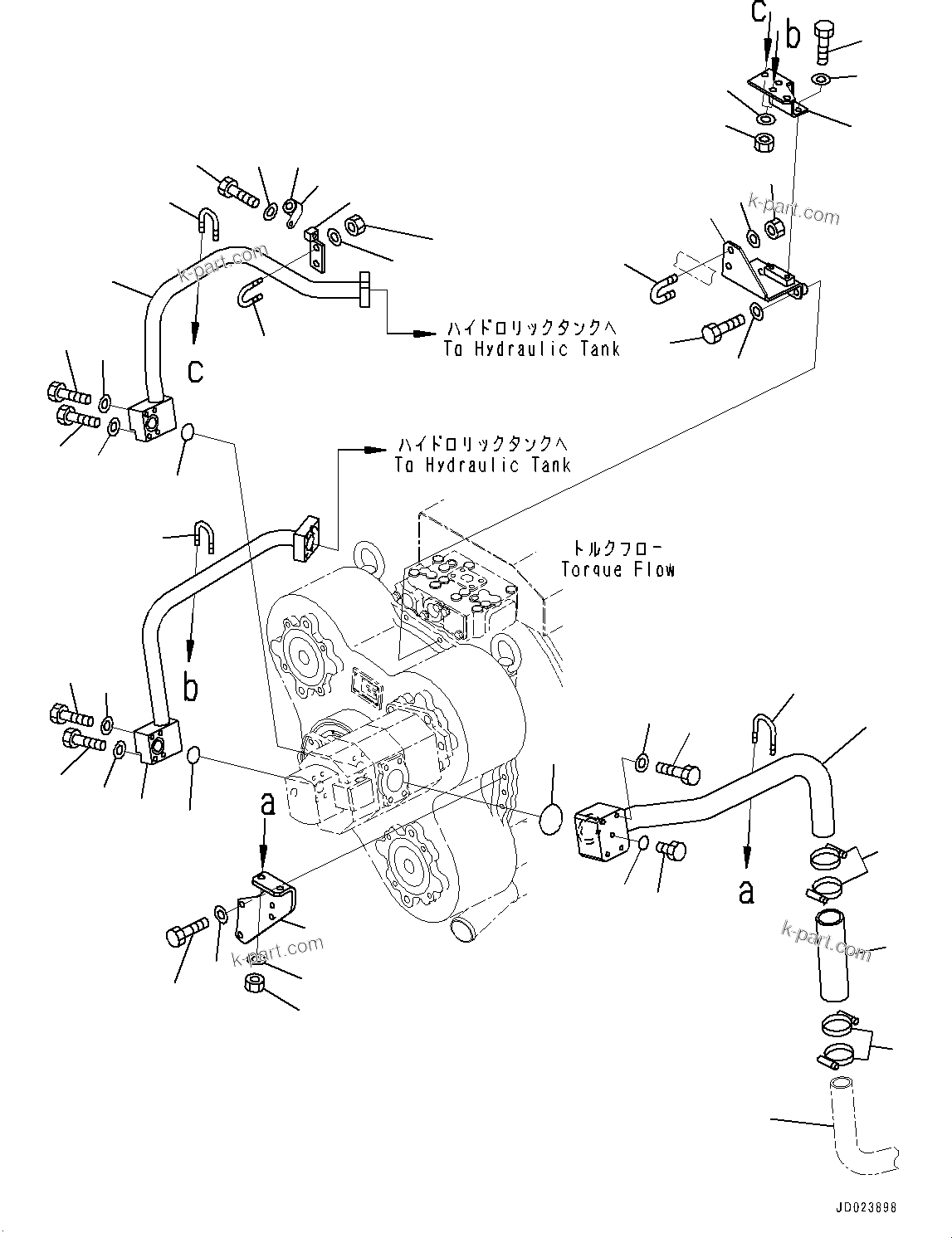 Komatsu parts book diagram for HD325-7R S/N 12001-UP: TRANSMISSION PIPING, HYDRAULIC TANK PIPING(#11034-)