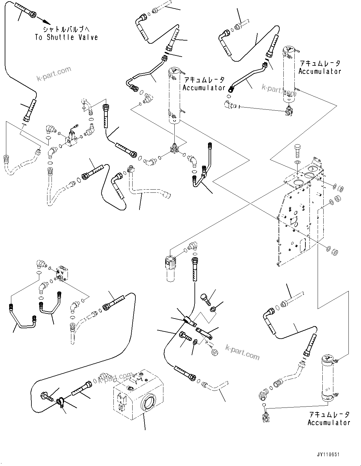 Komatsu parts book diagram for HD325-7R S/N 12001-UP: BRAKE PIPING, ACCUMULATOR PIPING (3/3)(#11034-)