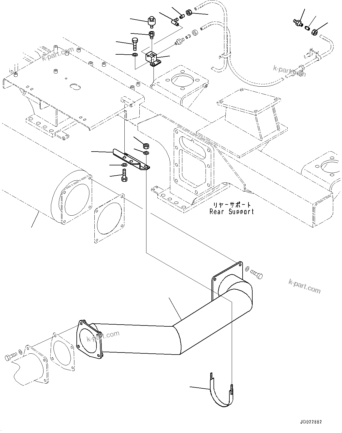 Komatsu parts book diagram for HD325-7R S/N 12001-UP: REAR SUPPORT, EXHAUST PIPING (WITH MUFFLER)(#11034-)