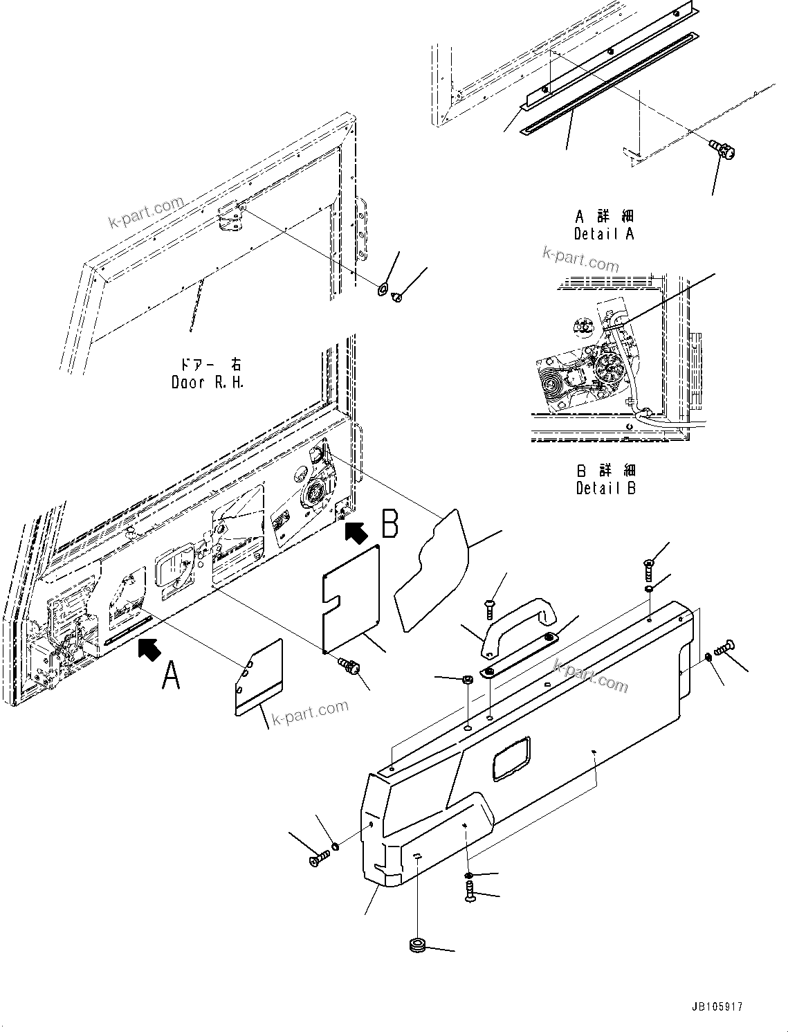 Komatsu parts book diagram for HD325-7R S/N 12001-UP: CAB, DOOR COVER, R.H.(#12001-)