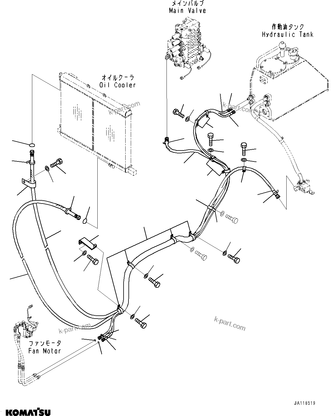 Komatsu parts book diagram for D85MS-15 S/N 2101-UP: HYDRAULIC OIL COOLER PIPING, RETURN PIPING, OIL COOLER(#1006-2002)