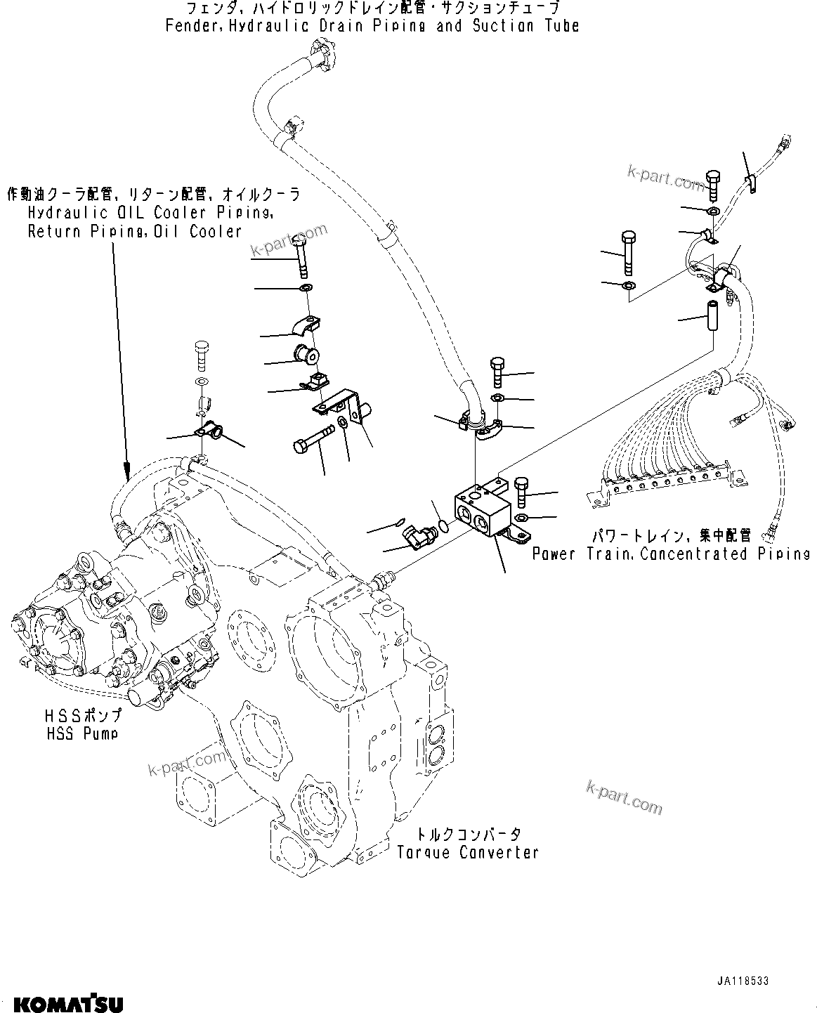 Komatsu parts book diagram for D85MS-15 S/N 2101-UP: POWER TRAIN HYDRAULIC PIPING, ADDITIONAL PIPING(#2003-)