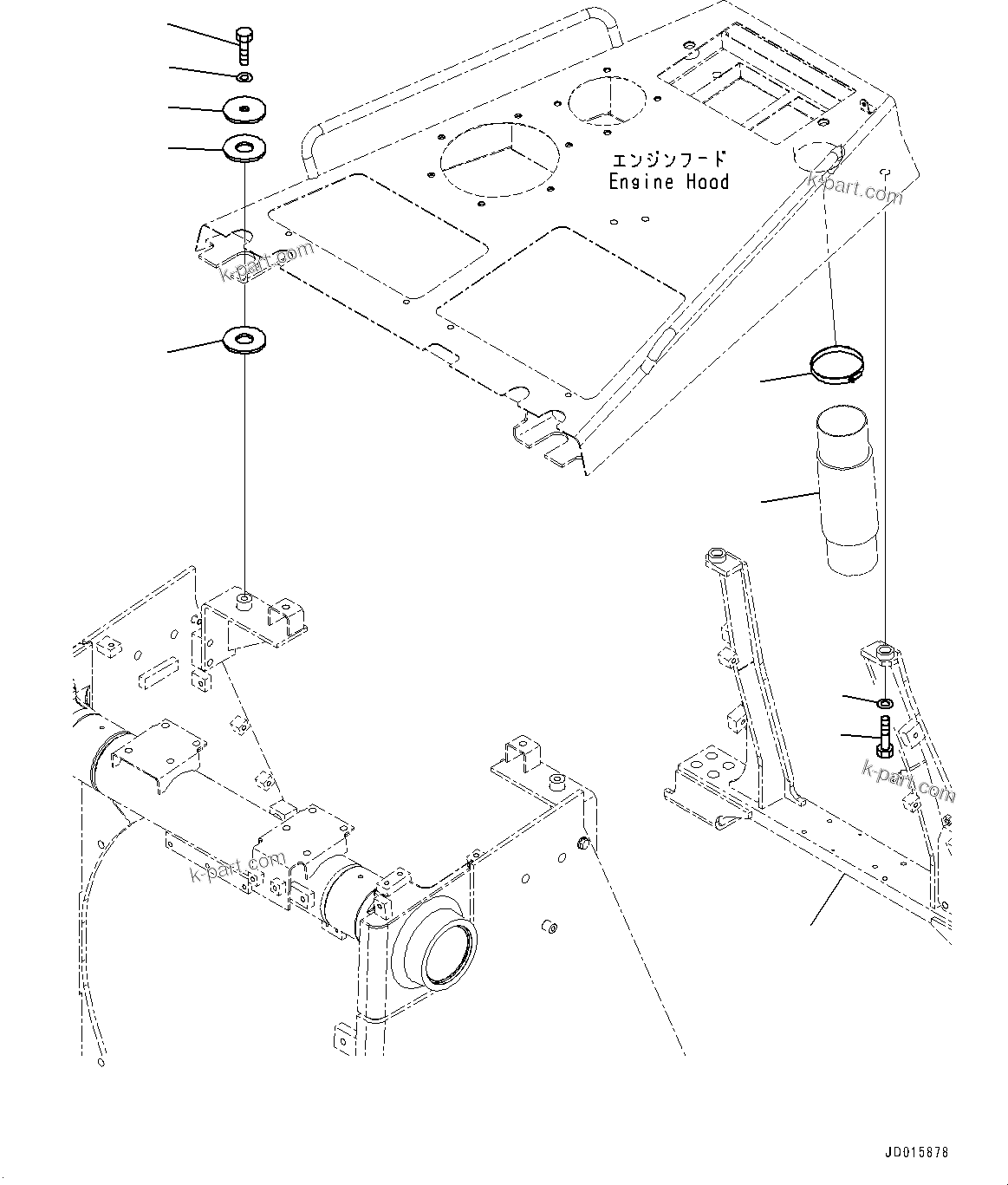 Komatsu parts book diagram for D85MS-15 S/N 2101-UP: ENGINE HOOD AND SIDE COVER GROUP, HOOD MOUNTING(#1006-)