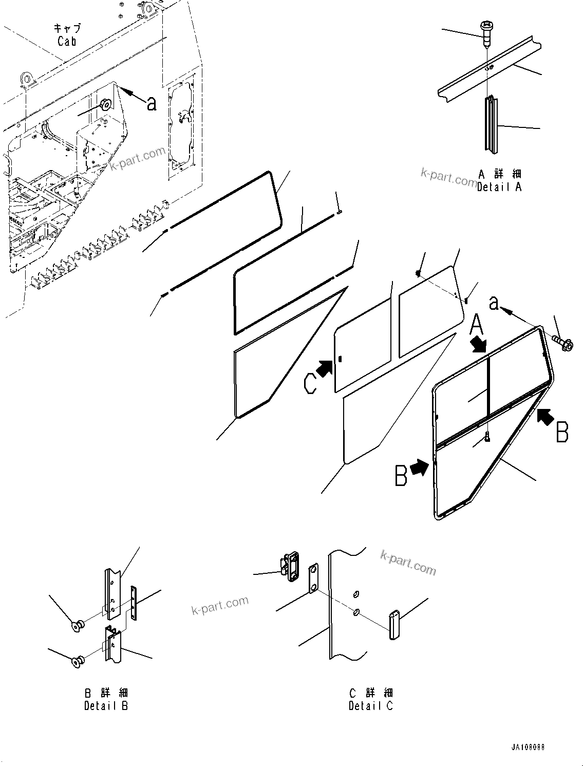 Komatsu parts book diagram for PC2000-11E0 S/N 31001-UP: CAB, WINDOW SASH(#31001-)