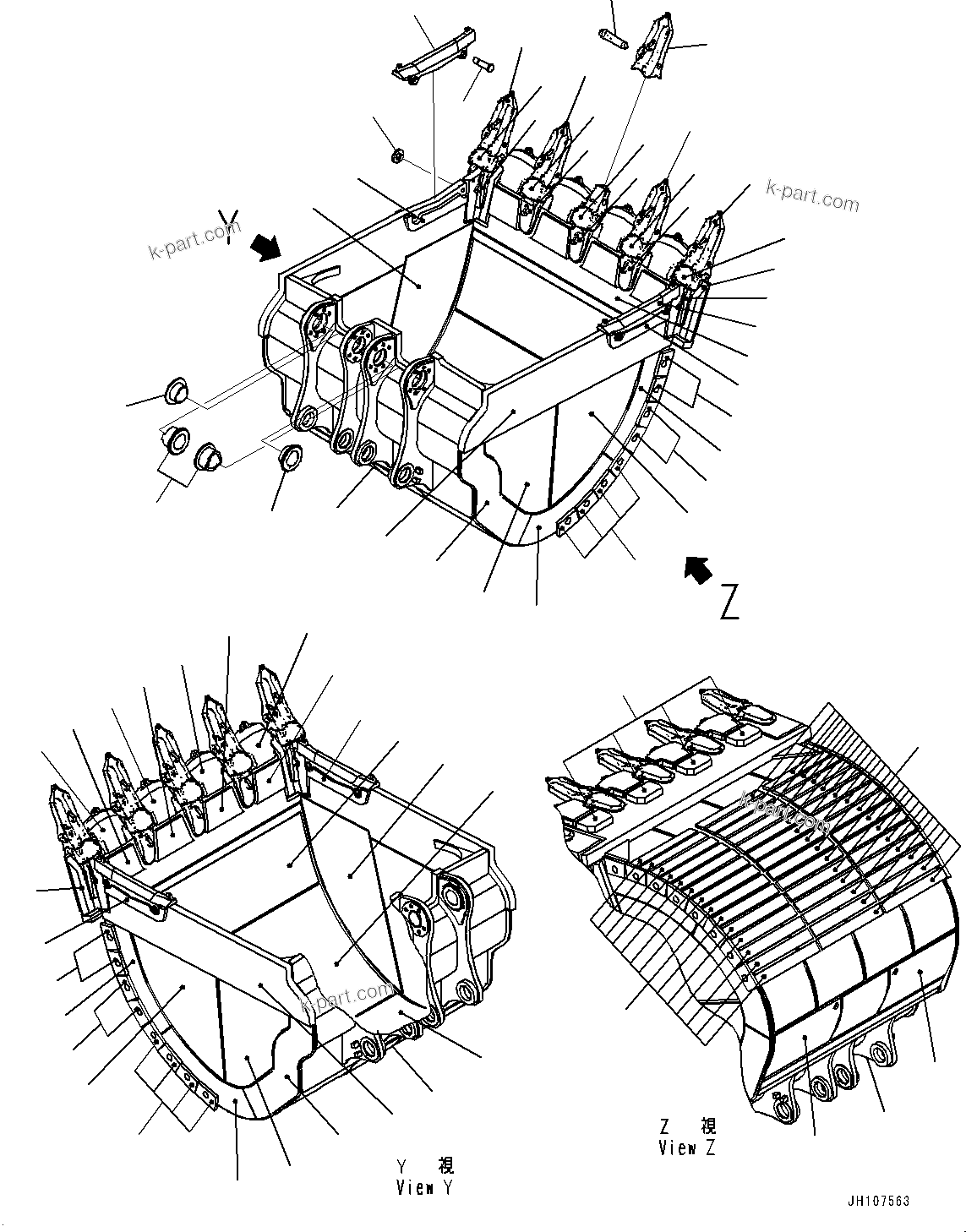 Komatsu parts book diagram for PC2000-11E0 S/N 31001-UP: BUCKET, BUCKET AND TOOTH (12.0M3, 2660MM WIDTH, KPRIME TOOTH, SIDE SHROUD, FIXED PIN)(#30001-)