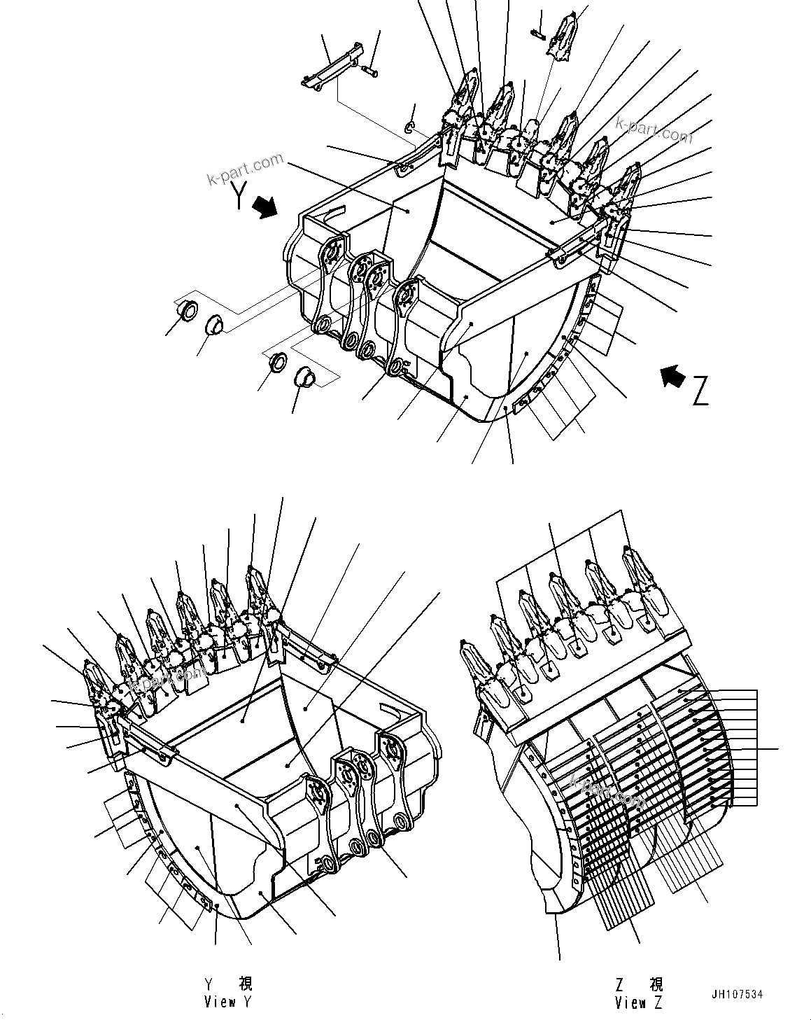 Komatsu parts book diagram for PC2000-11E0 S/N 31001-UP: BUCKET, BUCKET AND TOOTH (14.0M3, 2790MM WIDTH, KPRIME TOOTH, SIDE SHROUD, FIXED PIN)(#30001-)