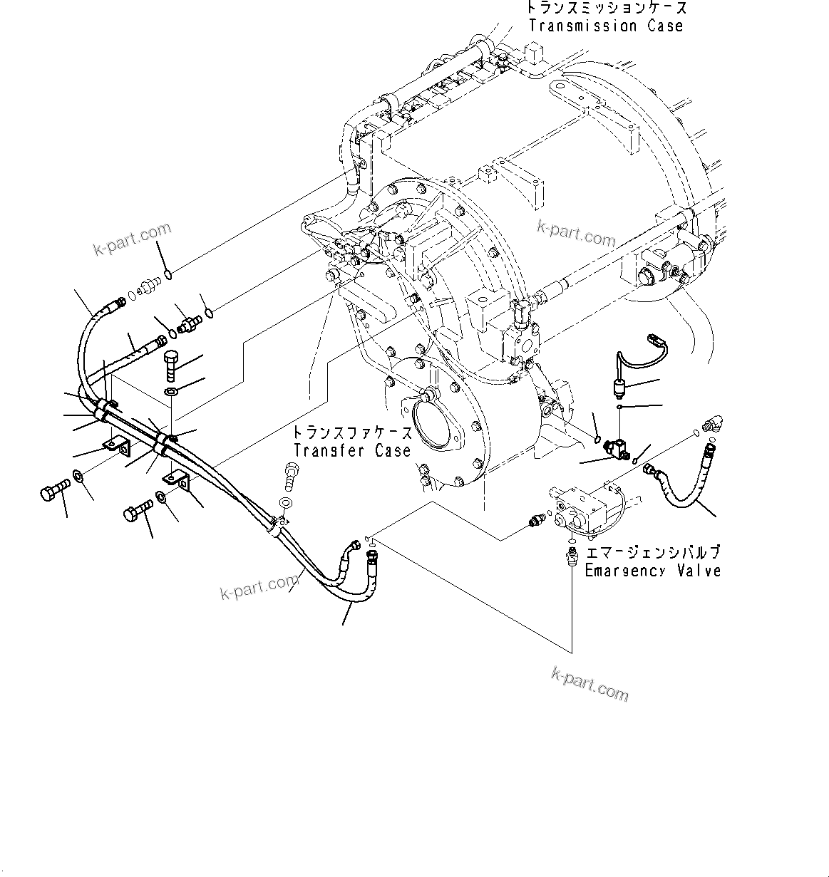 Komatsu parts book diagram for WD600-6R S/N 61001-UP: TORQUE CONVERTER AND TRANSMISSION, EMERGENCY VALVE PIPING(#60001-)