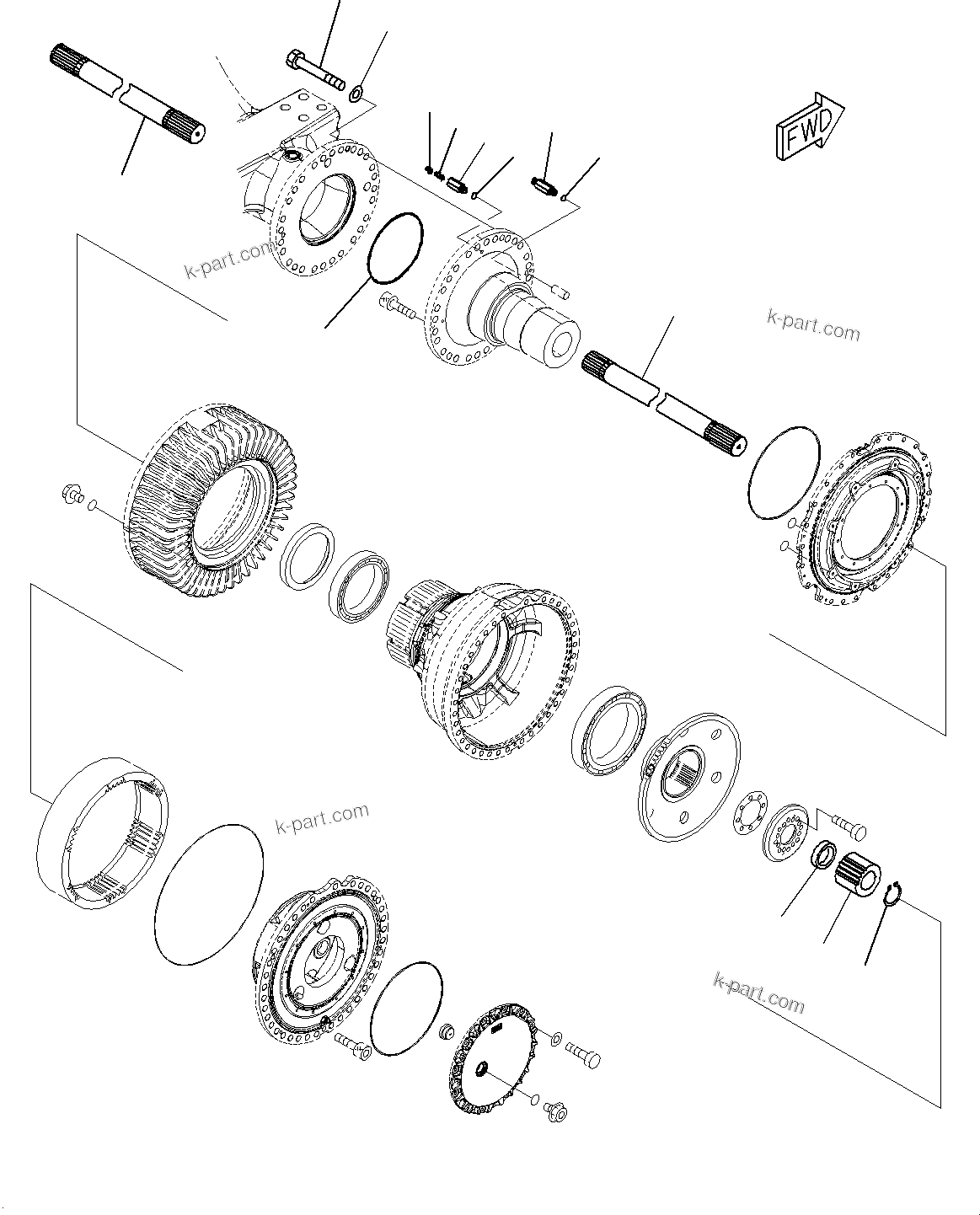 Komatsu parts book diagram for WD600-6R S/N 61001-UP: FRONT AXLE, SHAFT(#60001-)