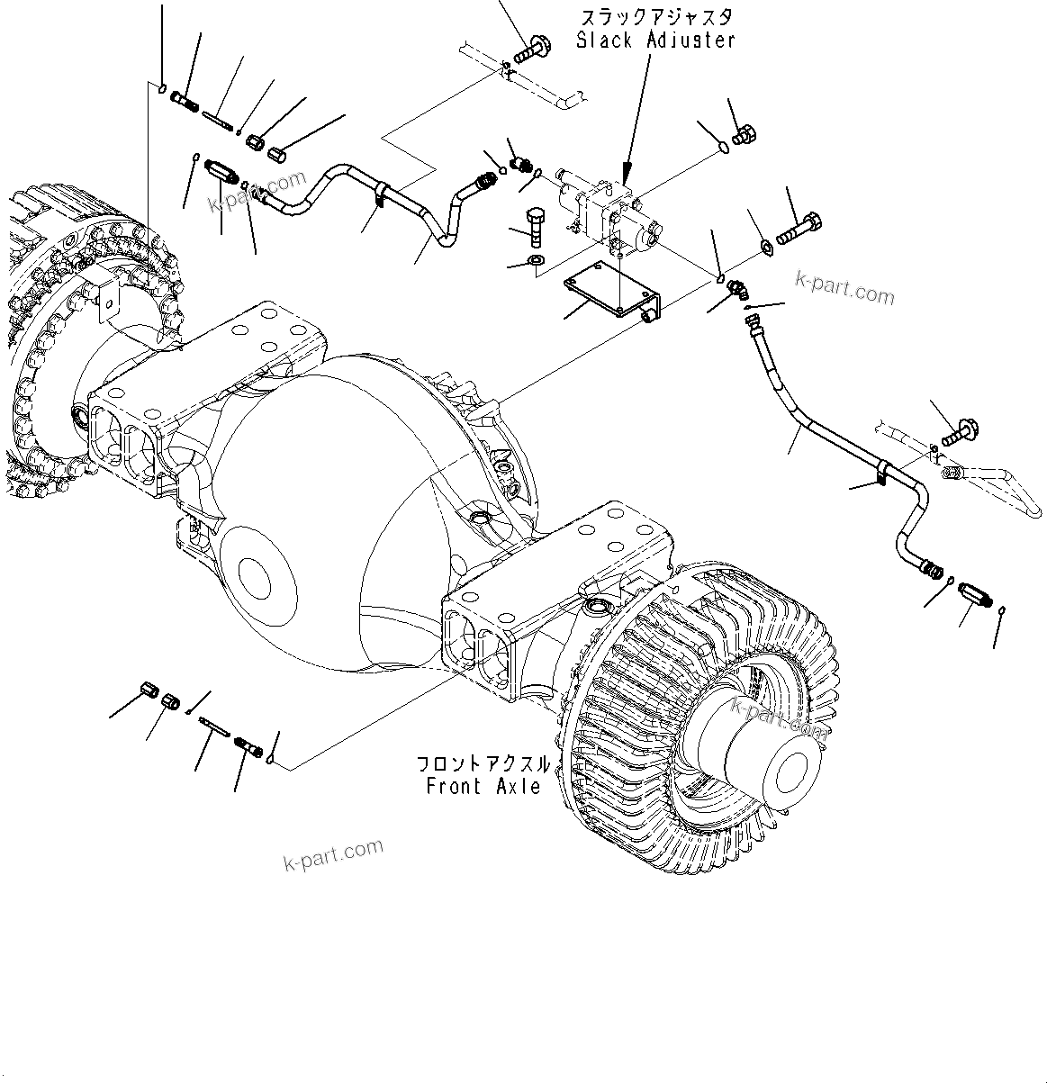 Komatsu parts book diagram for WD600-6R S/N 61001-UP: FRONT AXLE, BRAKE PIPING (1/4) (WITH BRAKE OIL COOLING SYSTEM)(#60001-)