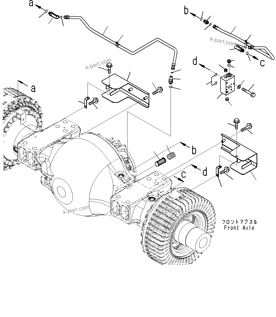 Komatsu parts book diagram for WD600-6R S/N 61001-UP: FRONT AXLE, BRAKE PIPING (2/4) (WITH BRAKE OIL COOLING SYSTEM)