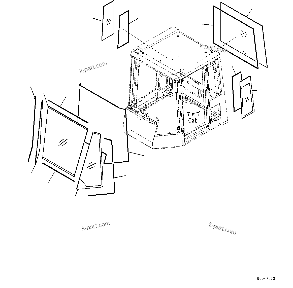 Komatsu parts book diagram for WD600-6R S/N 61001-UP: CAB, GLASS WINDOW(#61001-)