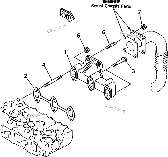 Komatsu parts book diagram for 3D66-1KB S/N 00613-UP: EXHAUST MANIFOLD