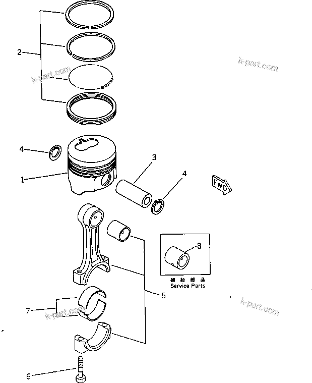 Komatsu parts book diagram for 3D66-1KB S/N 00613-UP: PISTON AND CONNECTING ROD
