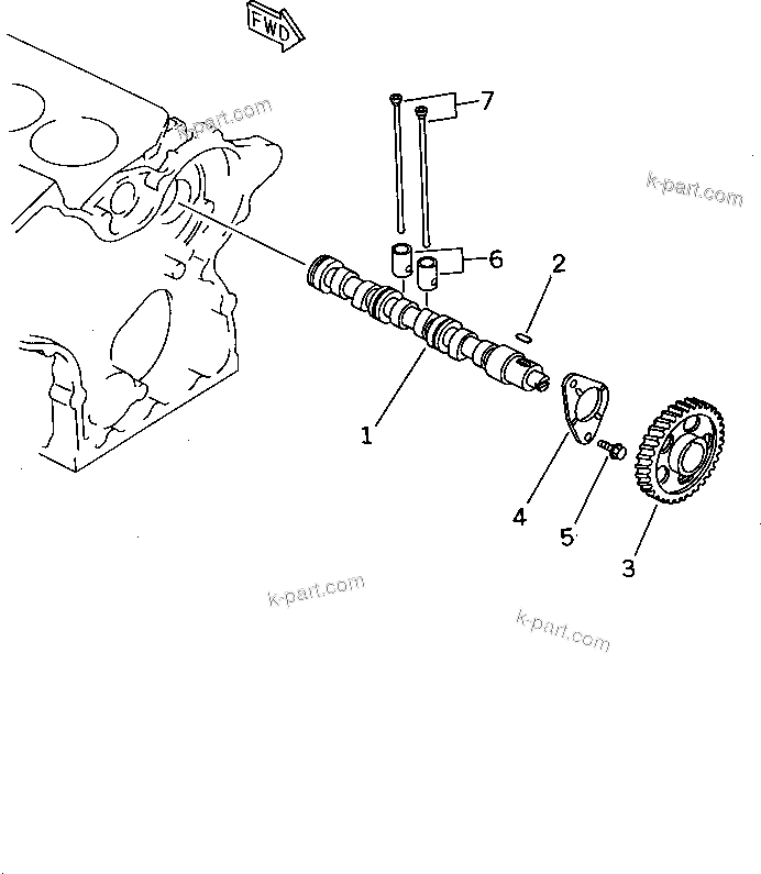 Komatsu parts book diagram for 3D66-1KB S/N 00613-UP: CAMSHAFT AND TAPPET