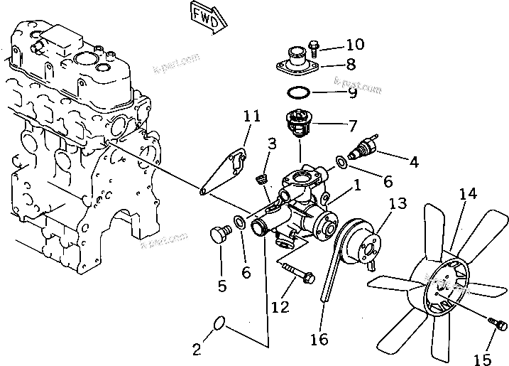 Komatsu parts book diagram for 3D66-1KB S/N 00613-UP: WATER PUMP AND COOLING FAN
