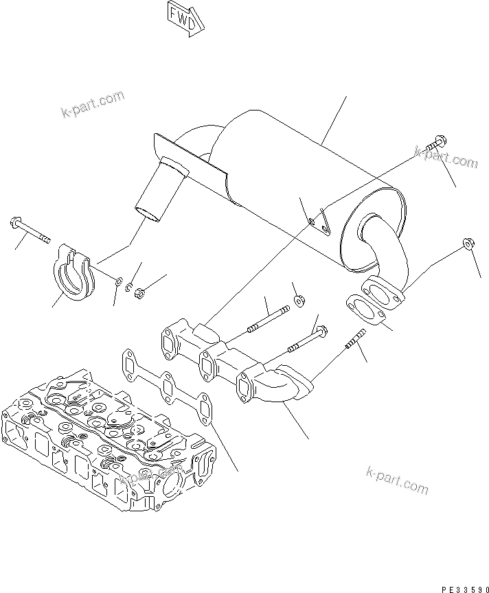Komatsu parts book diagram for 3D68E-3B S/N 00101-UP: EXHAUST MANIFOLD AND MUFFLER
