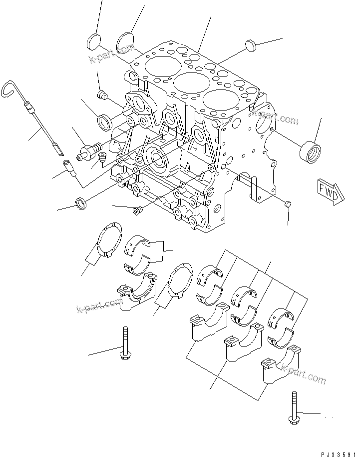 Komatsu parts book diagram for 3D68E-3B S/N 00101-UP: CYLINDER BLOCK