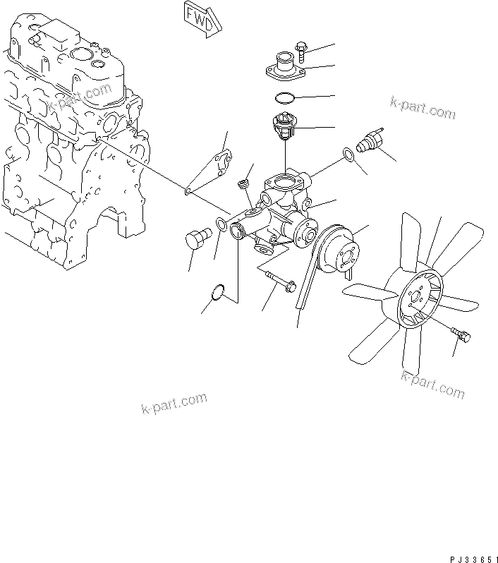 Komatsu parts book diagram for 3D68E-3B S/N 00101-UP: WATER PUMP AND COOLING FAN